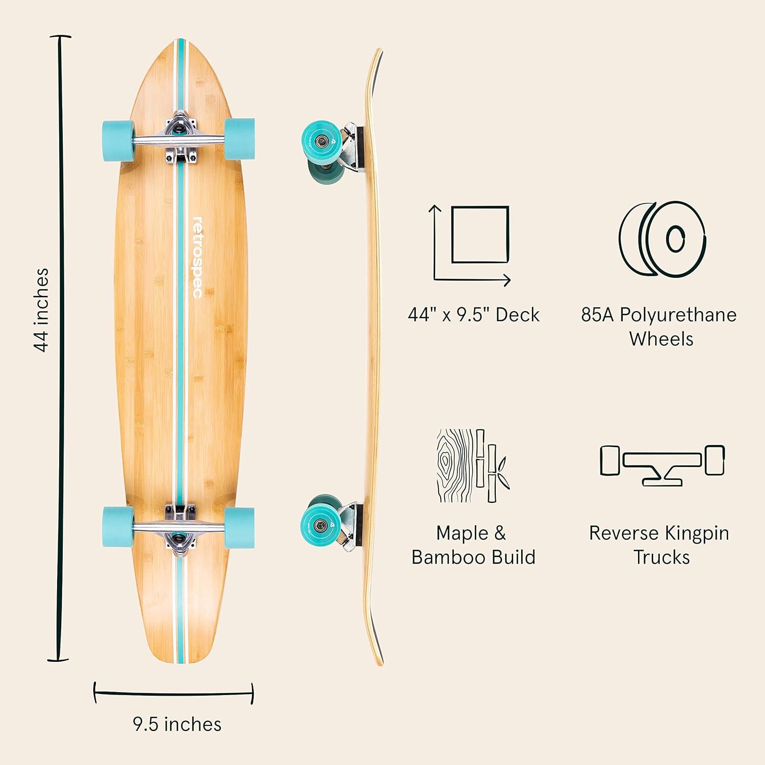 Retrospec Zed Pintail & Cruiser Longboard Adult Skateboard – 44in Bamboo & Canadian Maple Deck with ABEC-7 Bearings, 70mm PU Wheels for Commuting & Carving(Aqua Pipeline)