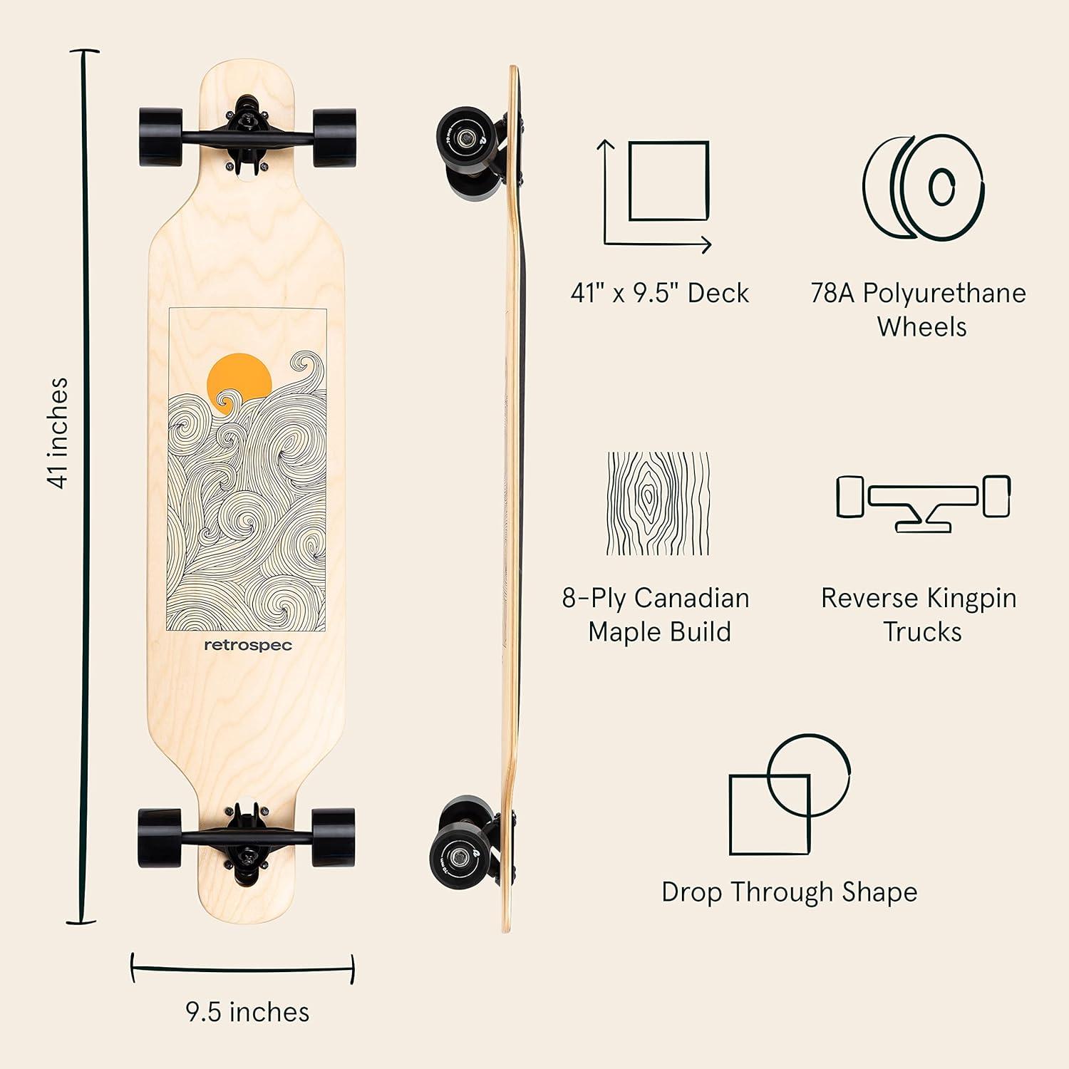 Retrospec Rift Drop-Through Longboard Skateboard Complete Canadian Maple Wood Cruiser w/Drop-Through Trucks for Commuting, Cruising, Carving & Downhill Riding(Tangerine Wave)