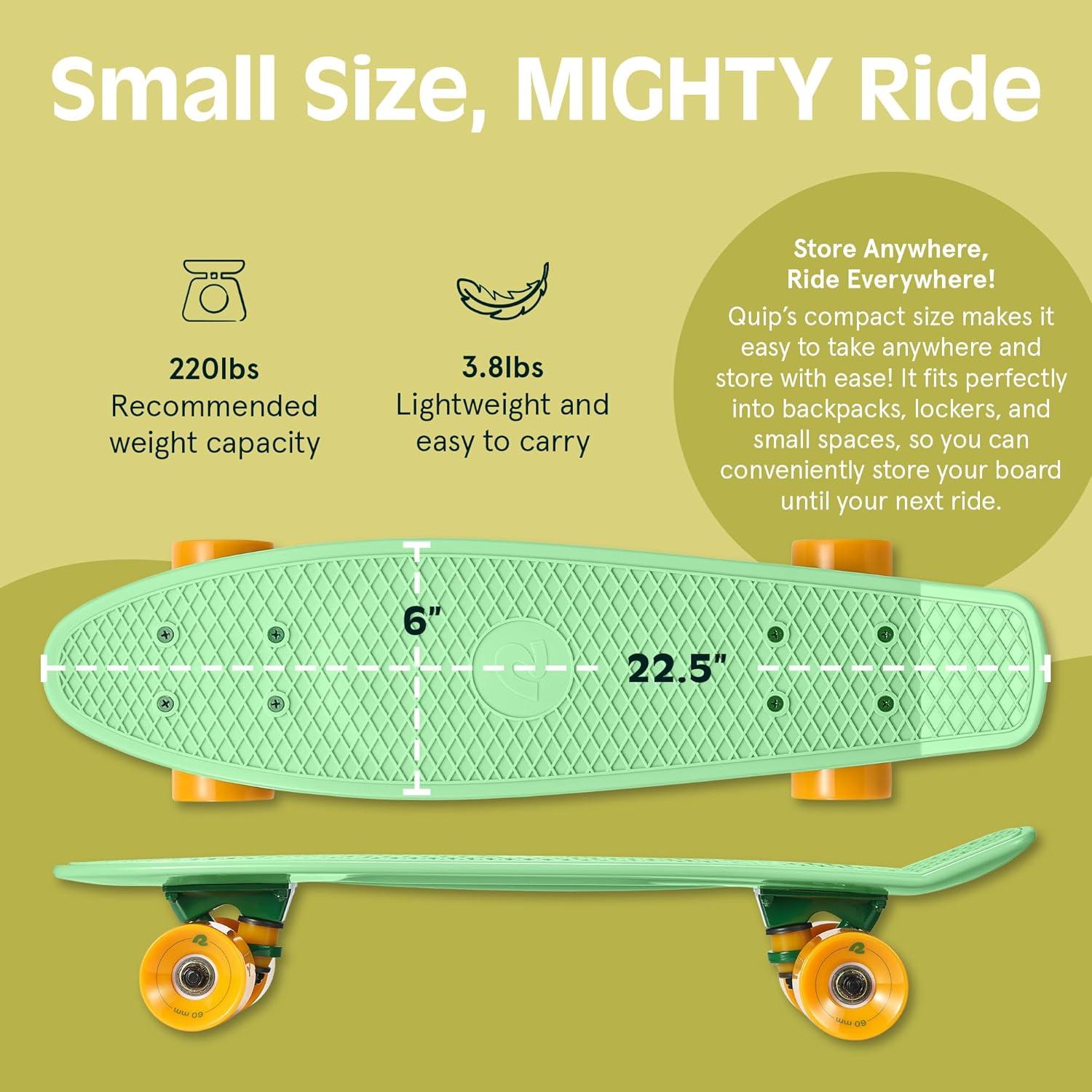 Retrospec Quip Mini Cruiser Skateboard 22.5″ Classic Retro Plastic Cruiser Complete Skateboard with ABEC 7 Bearings and PU Wheels Compact Board w/Grippy, Molded Waffle Deck(Lark Green)