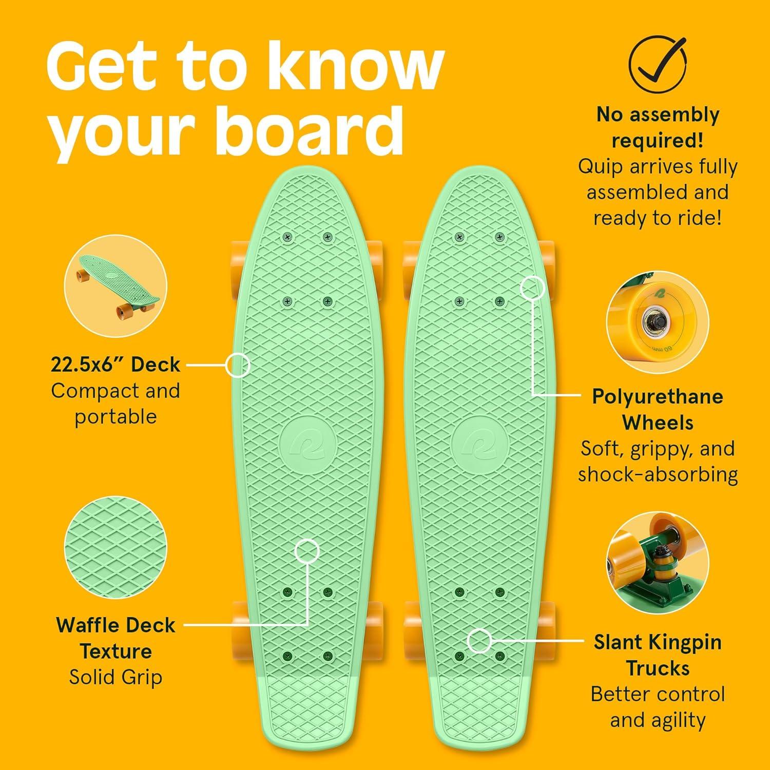 Retrospec Quip Mini Cruiser Skateboard 22.5″ Classic Retro Plastic Cruiser Complete Skateboard with ABEC 7 Bearings and PU Wheels Compact Board w/Grippy, Molded Waffle Deck(Lark Green)