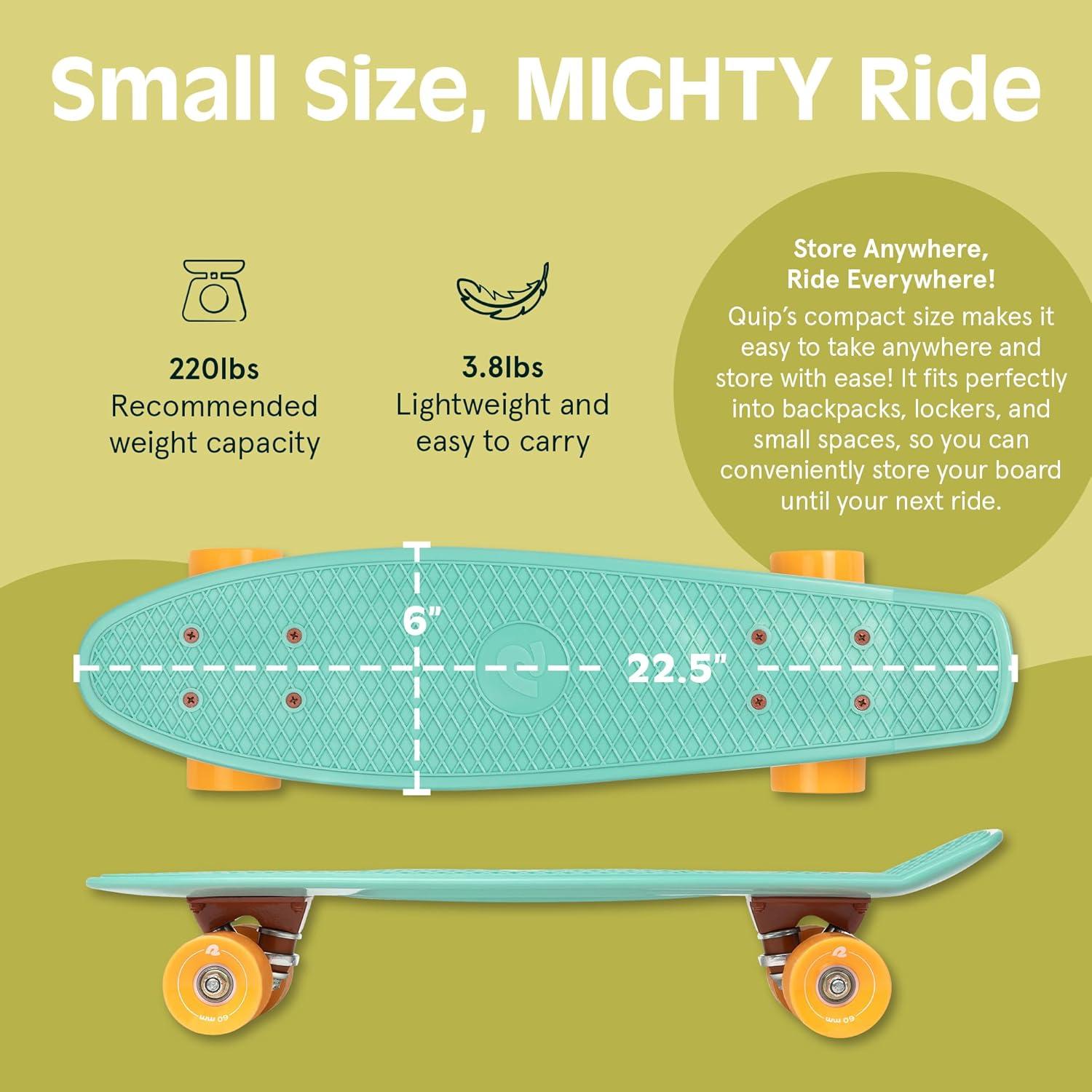 Retrospec Quip Mini Cruiser Skateboard 22.5″ Classic Retro Plastic Cruiser Complete Skateboard with ABEC 7 Bearings and PU Wheels Compact Board w/Grippy, Molded Waffle Deck(Seafoam)