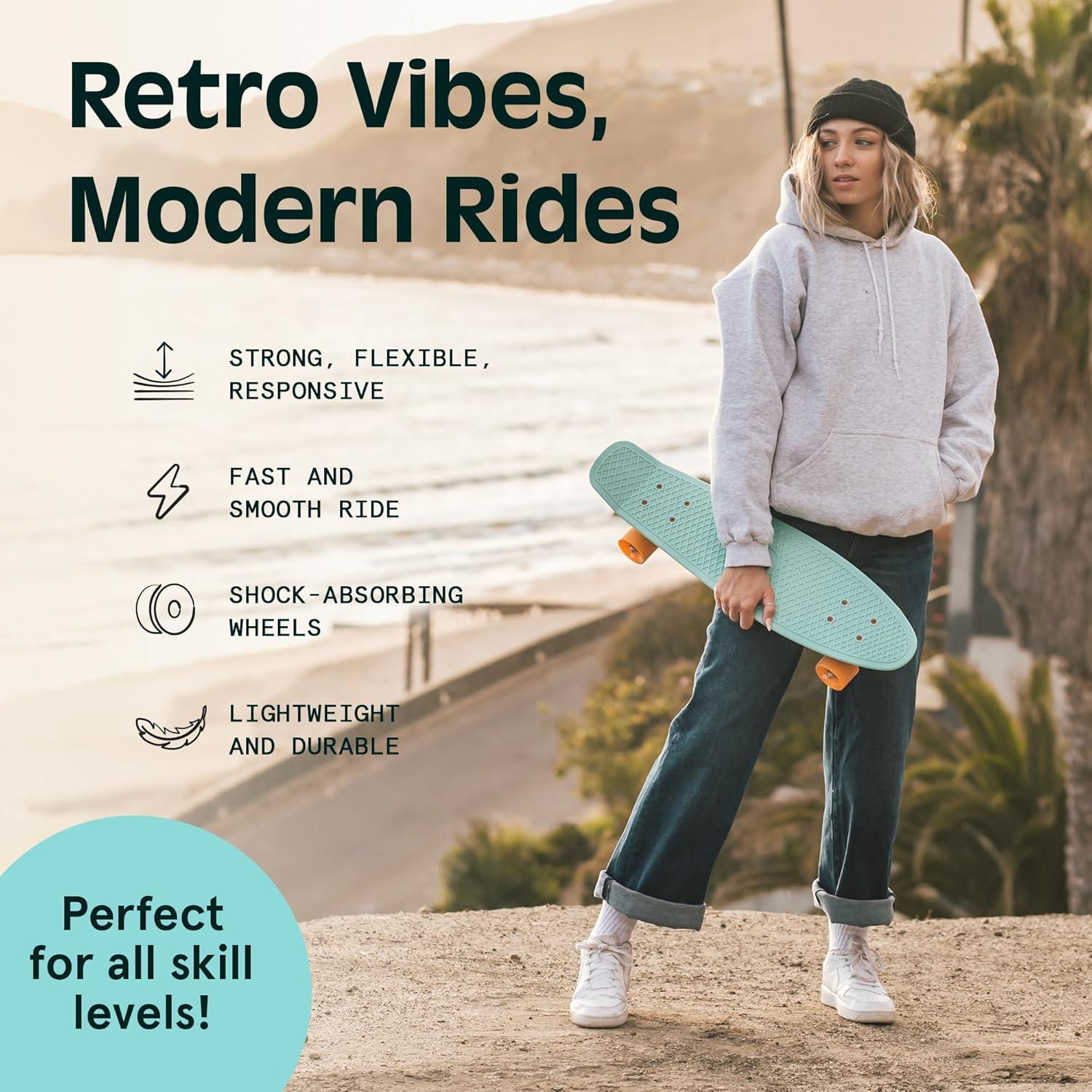 Retrospec Quip Mini Cruiser Skateboard 22.5″ Classic Retro Plastic Cruiser Complete Skateboard with ABEC 7 Bearings and PU Wheels Compact Board w/Grippy, Molded Waffle Deck(Seafoam)