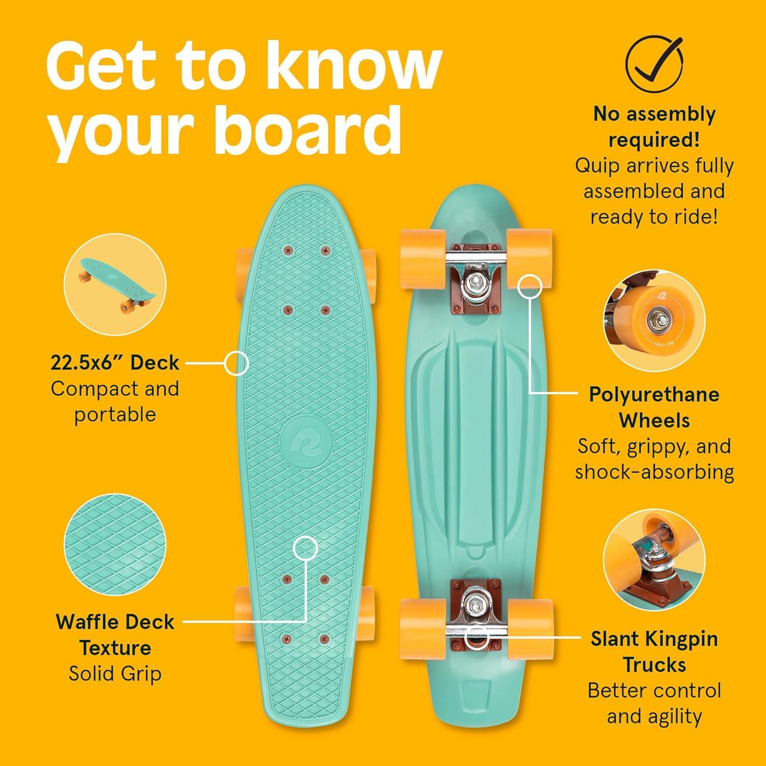 Retrospec Quip Mini Cruiser Skateboard 22.5″ Classic Retro Plastic Cruiser Complete Skateboard with ABEC 7 Bearings and PU Wheels Compact Board w/Grippy, Molded Waffle Deck(Seafoam)