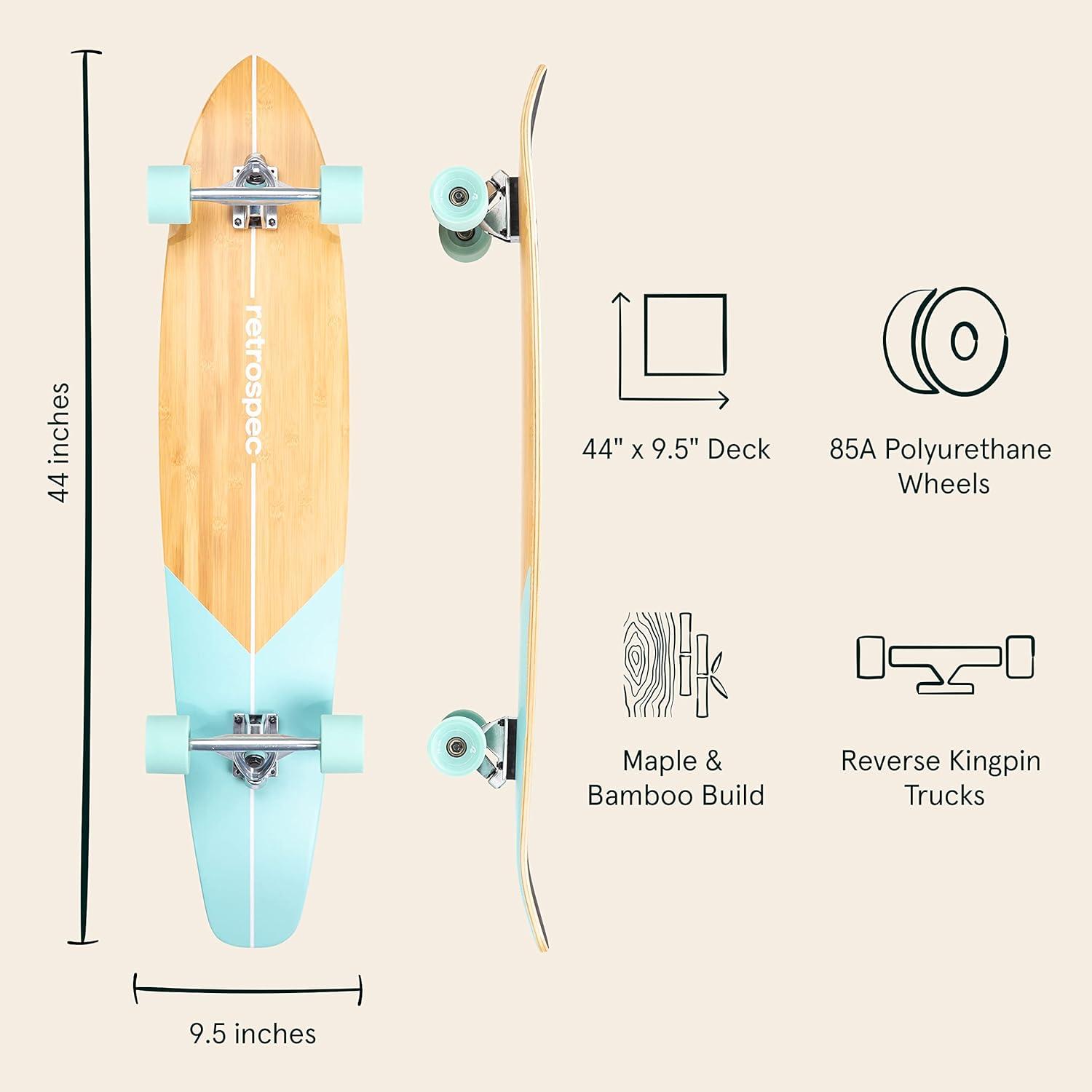 Retrospec Zed Pintail & Cruiser Longboard Adult Skateboard – 44in Bamboo & Canadian Maple Deck with ABEC-7 Bearings, 70mm PU Wheels for Commuting & Carving(Aqua Fishtail)