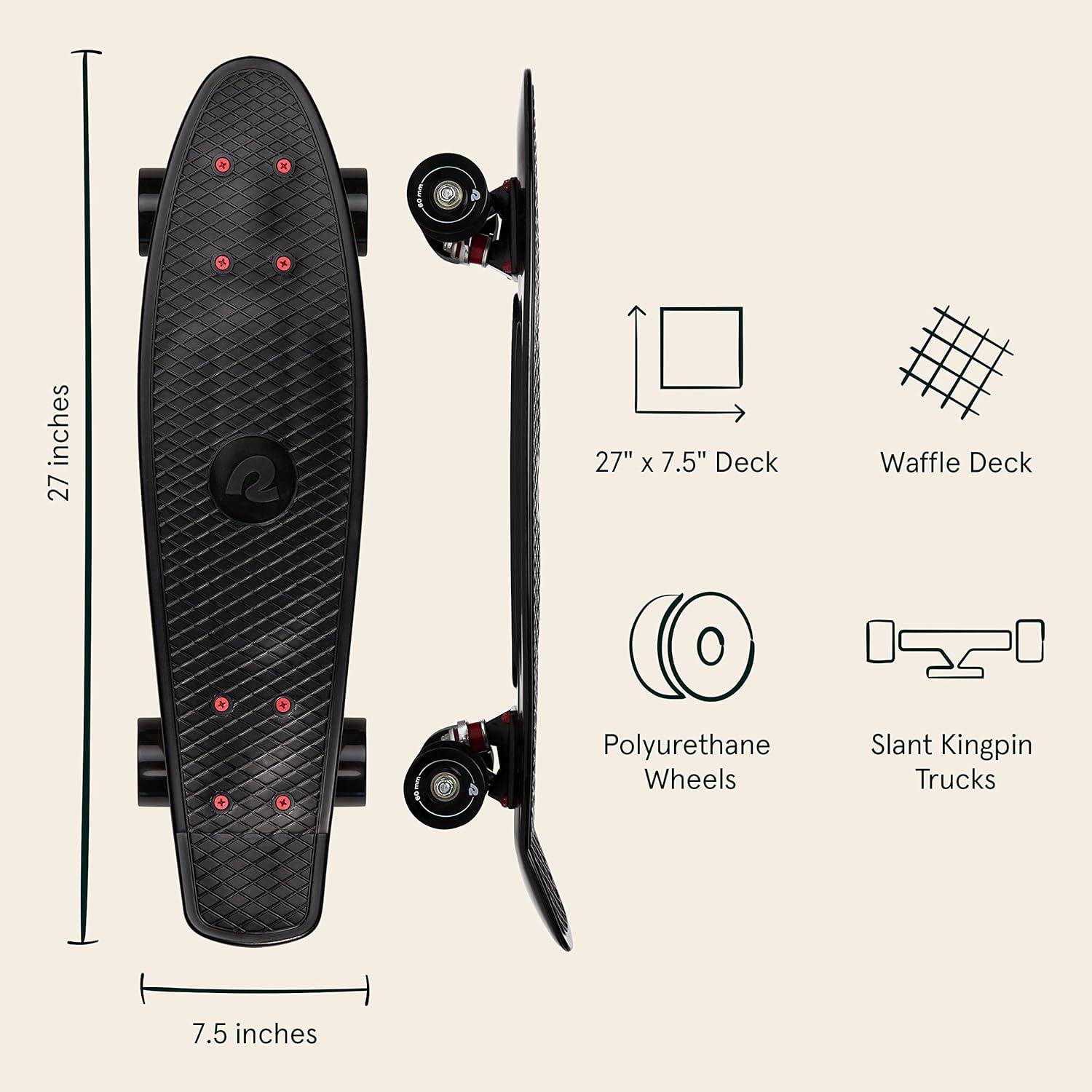 Retrospec Quip Skateboard 22.5″ and 27″ Classic Retro Plastic Cruiser Complete Skateboard with ABEC 7 Bearings and PU Wheels(Black)