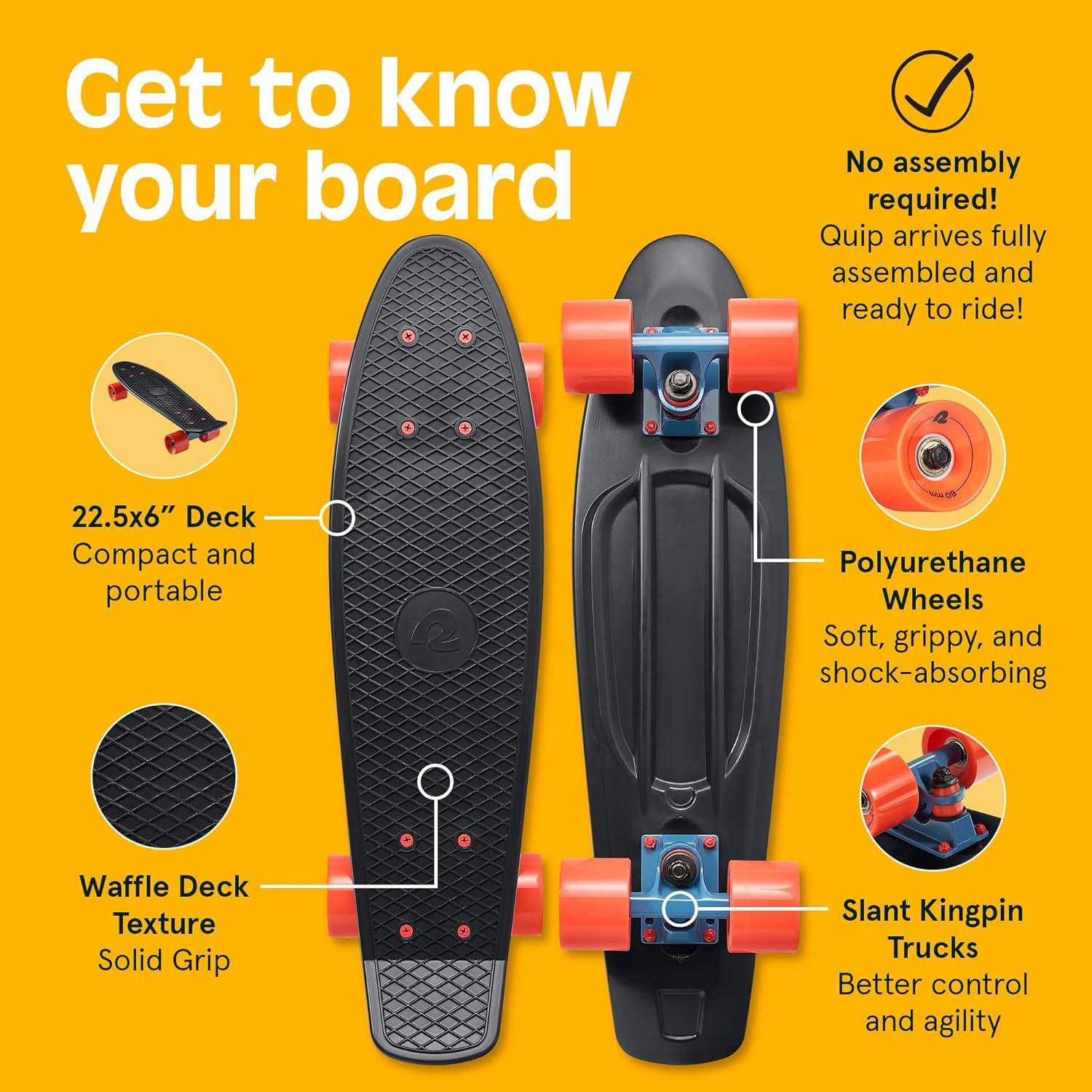 Retrospec Quip Mini Cruiser Skateboard 22.5″ Classic Retro Plastic Cruiser Complete Skateboard with ABEC 7 Bearings and PU Wheels Compact Board w/Grippy, Molded Waffle Deck(El Diablo)