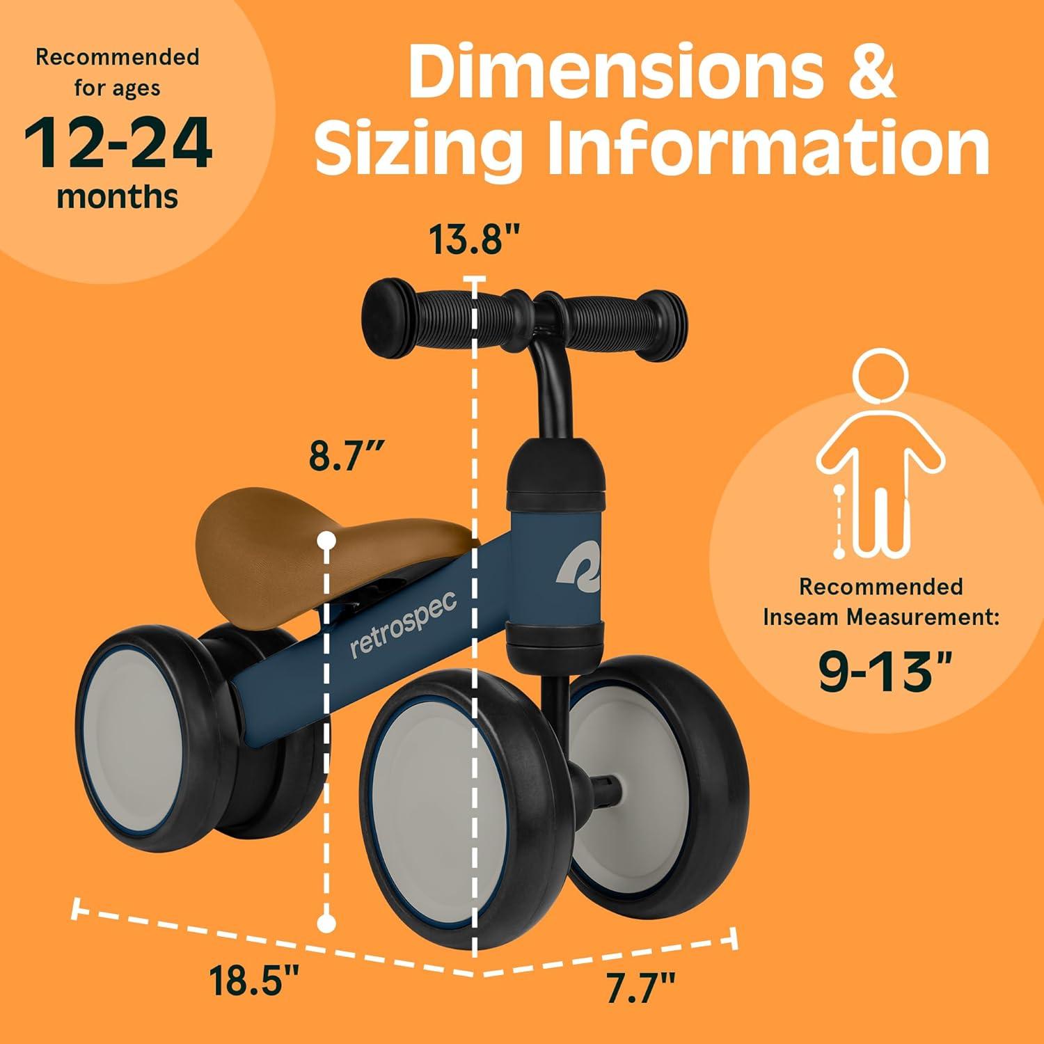 Retrospec Cricket Baby Balance Bike, 4-Wheel Ride-On Toy for Ages 12-24 Months – First Bike & Toddler Bike for 1 Year Old Boys & Girls, First Birthday Gift(Navy)