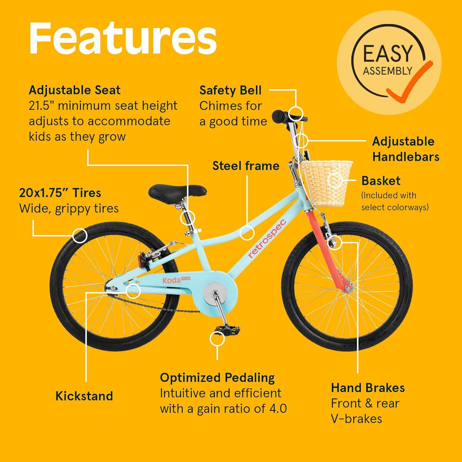 Retrospec Koda Plus Kids Bike for Boys & Girls Ages 6-8 Years – 20″ Children’s Bicycle, Adjustable Seat & Handlebars(Starfish)
