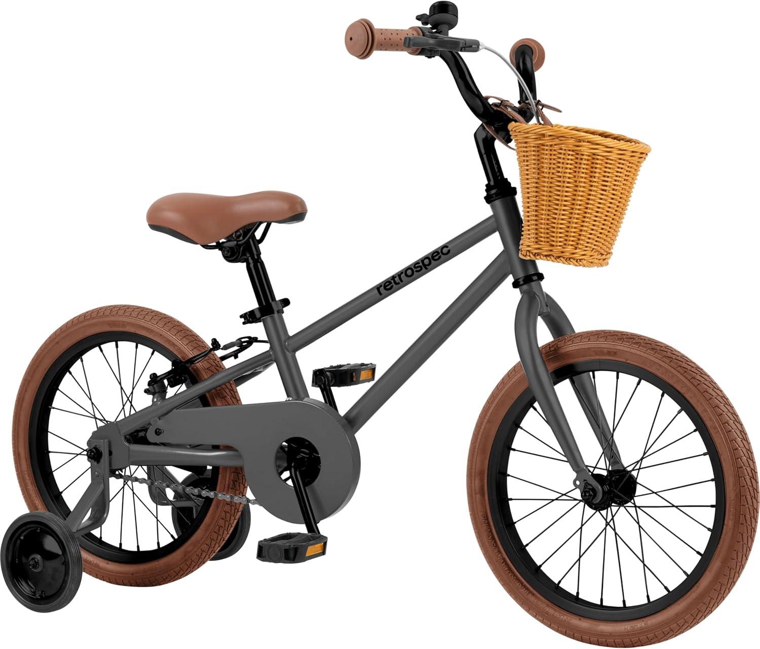 Retrospec Beaumont Mini 16in Kids Bike with Training Wheels & Basket – Beginner Bicycle for 4-6 Year Olds, Low-Profile Frame, V-Brakes & Safety Bell(Matte Graphite)
