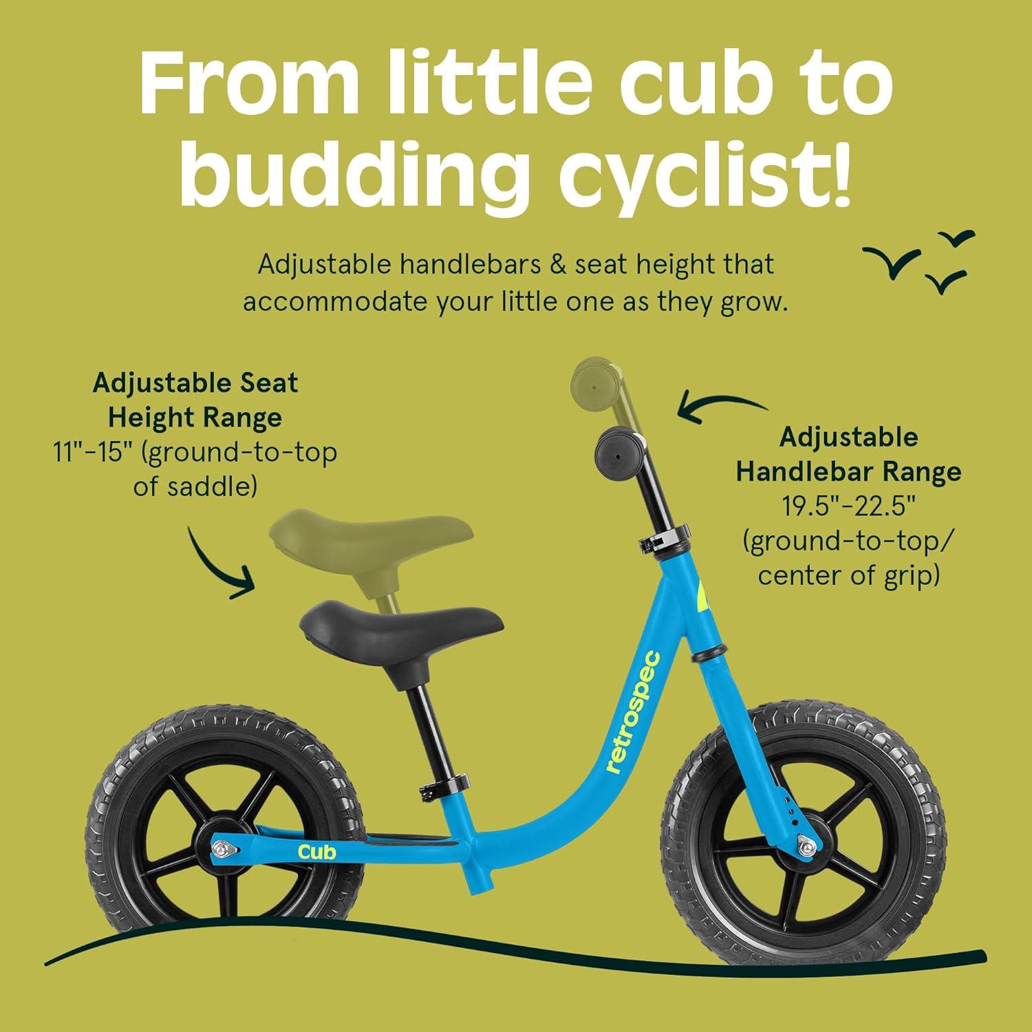 Retrospec Cub Toddler Balance Bike for Ages 18 Months – 3 Years – 12in No-Pedal Beginner Bicycle with Adjustable Seat, Puncture-Proof Tires & Safe Low Frame Design(Brash Blue)