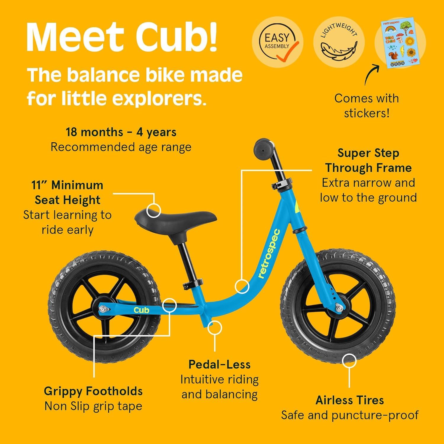 Retrospec Cub Toddler Balance Bike for Ages 18 Months – 3 Years – 12in No-Pedal Beginner Bicycle with Adjustable Seat, Puncture-Proof Tires & Safe Low Frame Design(Brash Blue)
