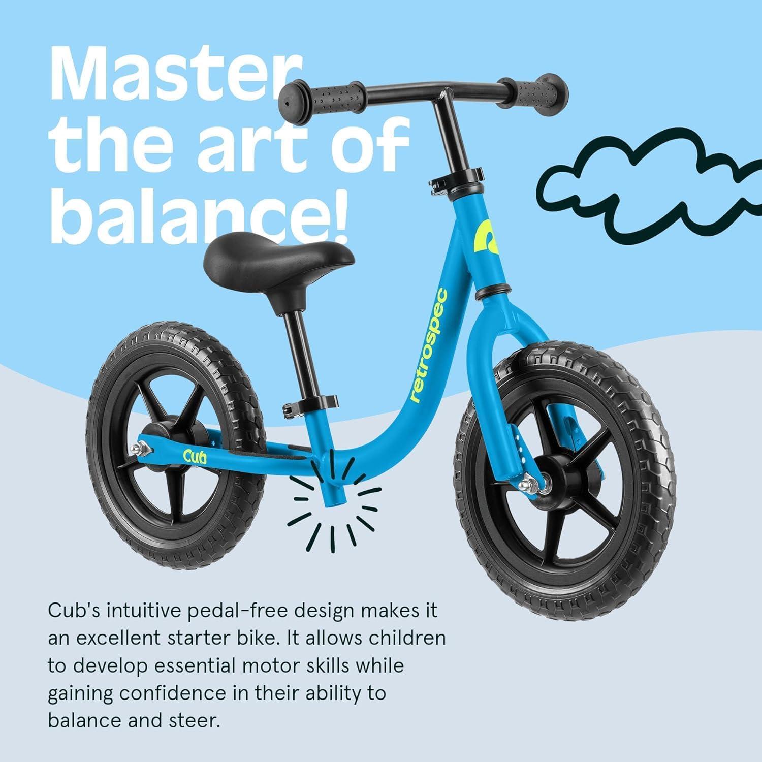Retrospec Cub Toddler Balance Bike for Ages 18 Months – 3 Years – 12in No-Pedal Beginner Bicycle with Adjustable Seat, Puncture-Proof Tires & Safe Low Frame Design(Brash Blue)