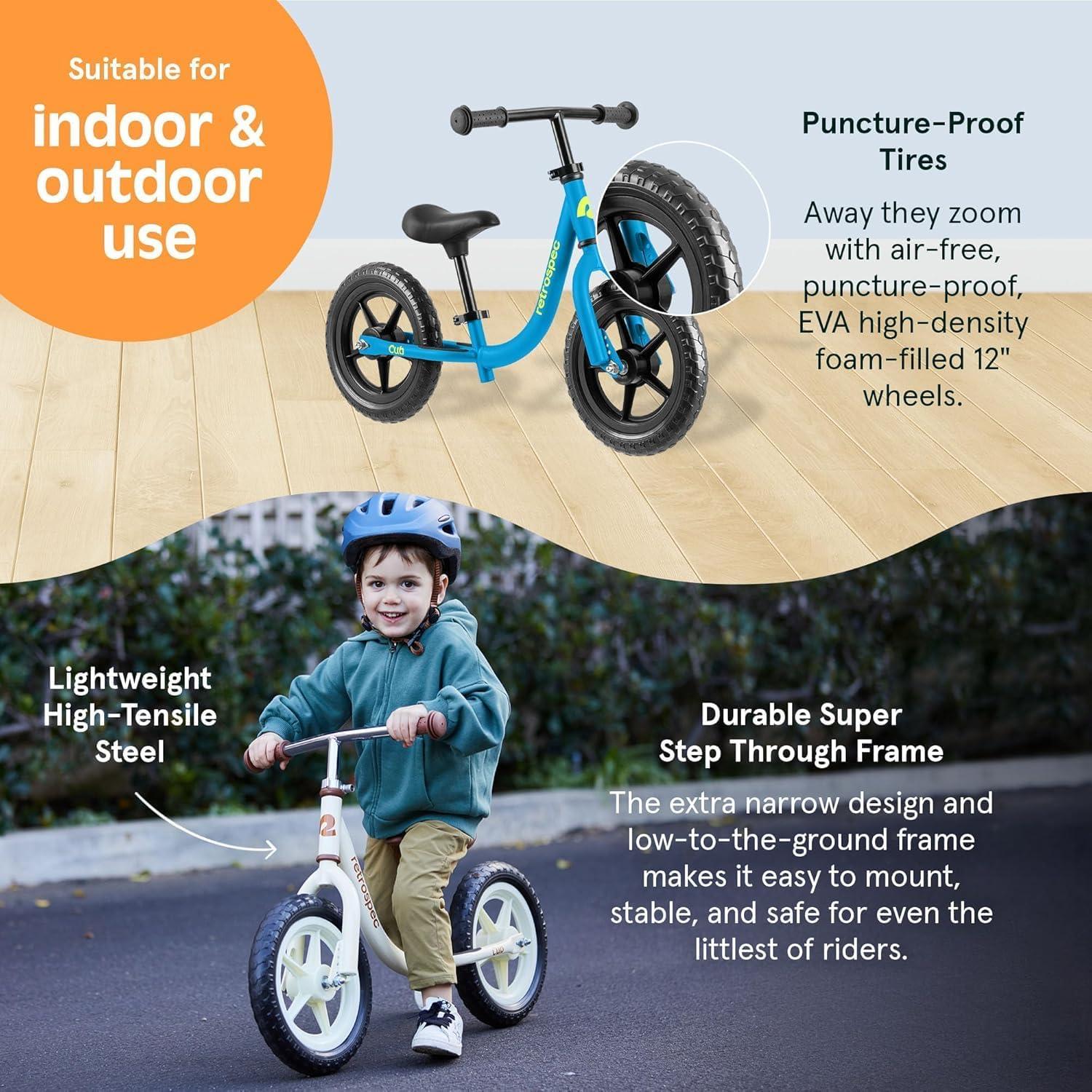 Retrospec Cub Toddler Balance Bike for Ages 18 Months – 3 Years – 12in No-Pedal Beginner Bicycle with Adjustable Seat, Puncture-Proof Tires & Safe Low Frame Design(Brash Blue)