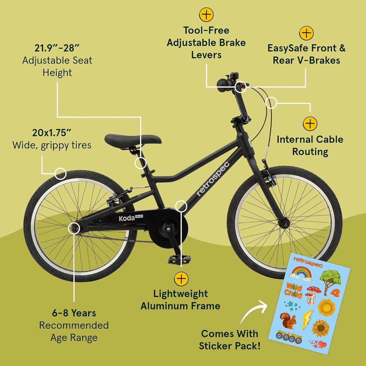 Retrospec Koda Plus Kids Bike for Boys & Girls Ages 6-8 Years – 20″ Children’s Bicycle, Adjustable Seat & Handlebars(Matte Black)