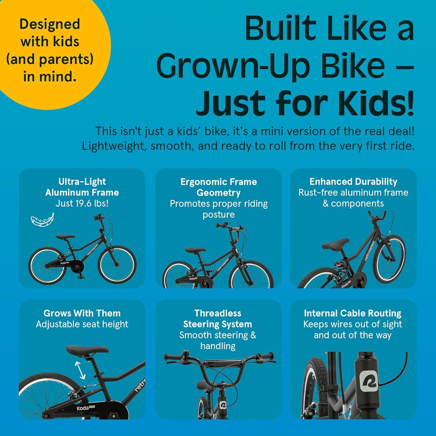 Retrospec Koda Plus Kids Bike for Boys & Girls Ages 6-8 Years – 20″ Children’s Bicycle, Adjustable Seat & Handlebars(Matte Black)