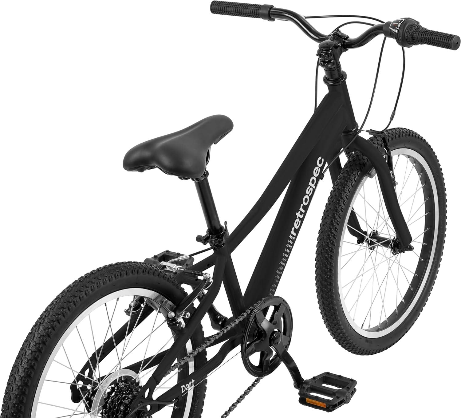 Retrospec Dart 20 & 24 Inch Kids Bike – 7-Speed Hybrid Bicycle for Ages 6-11 with 29in All-Season Tires & Shock Absorption – Adjustable Height Youth Bike with V-Brakes & Smooth Gear Shifting(Matte Black)