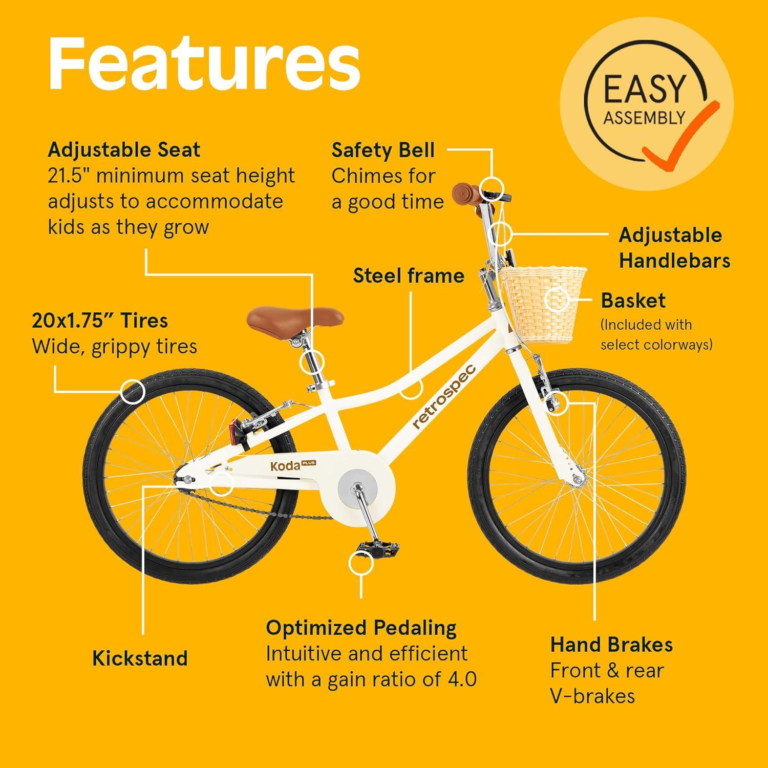 Retrospec Koda Plus Kids Bike for Boys & Girls Ages 6-8 Years – 20″ Children’s Bicycle, Adjustable Seat & Handlebars(Eggshell)