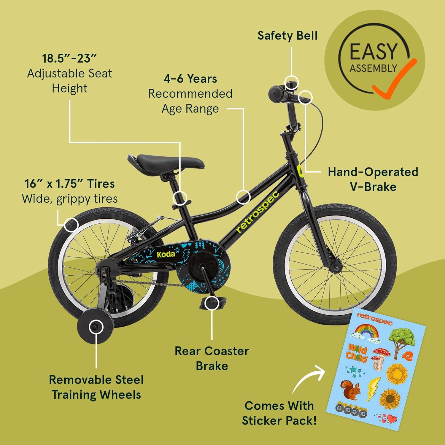 Retrospec Koda Plus Kids Bike for Boys & Girls Ages 4-6 Years – 16″ Children’s Bicycle, Adjustable Seat & Handlebars(Black Neon)