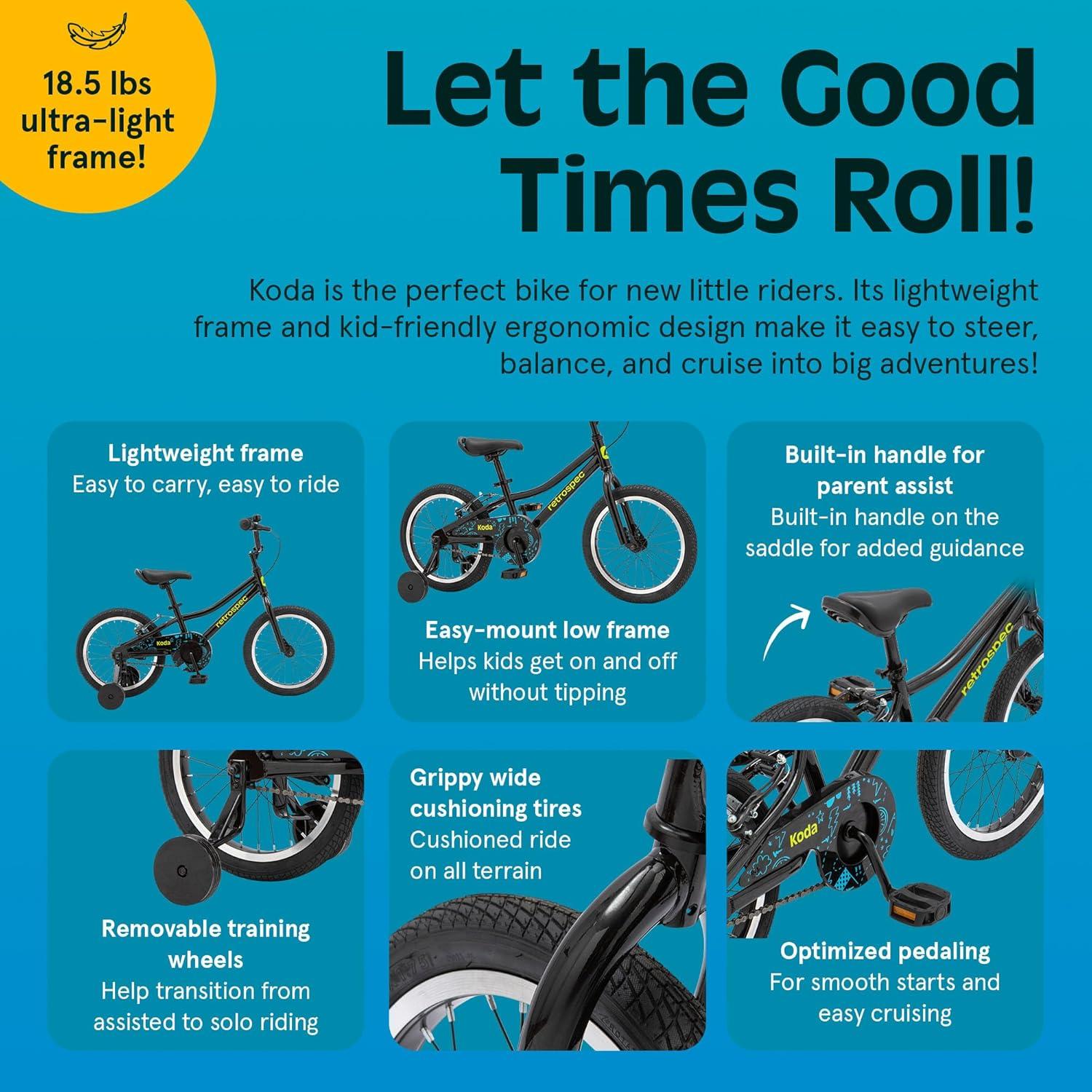 Retrospec Koda Plus Kids Bike for Boys & Girls Ages 4-6 Years – 16″ Children’s Bicycle, Adjustable Seat & Handlebars(Black Neon)