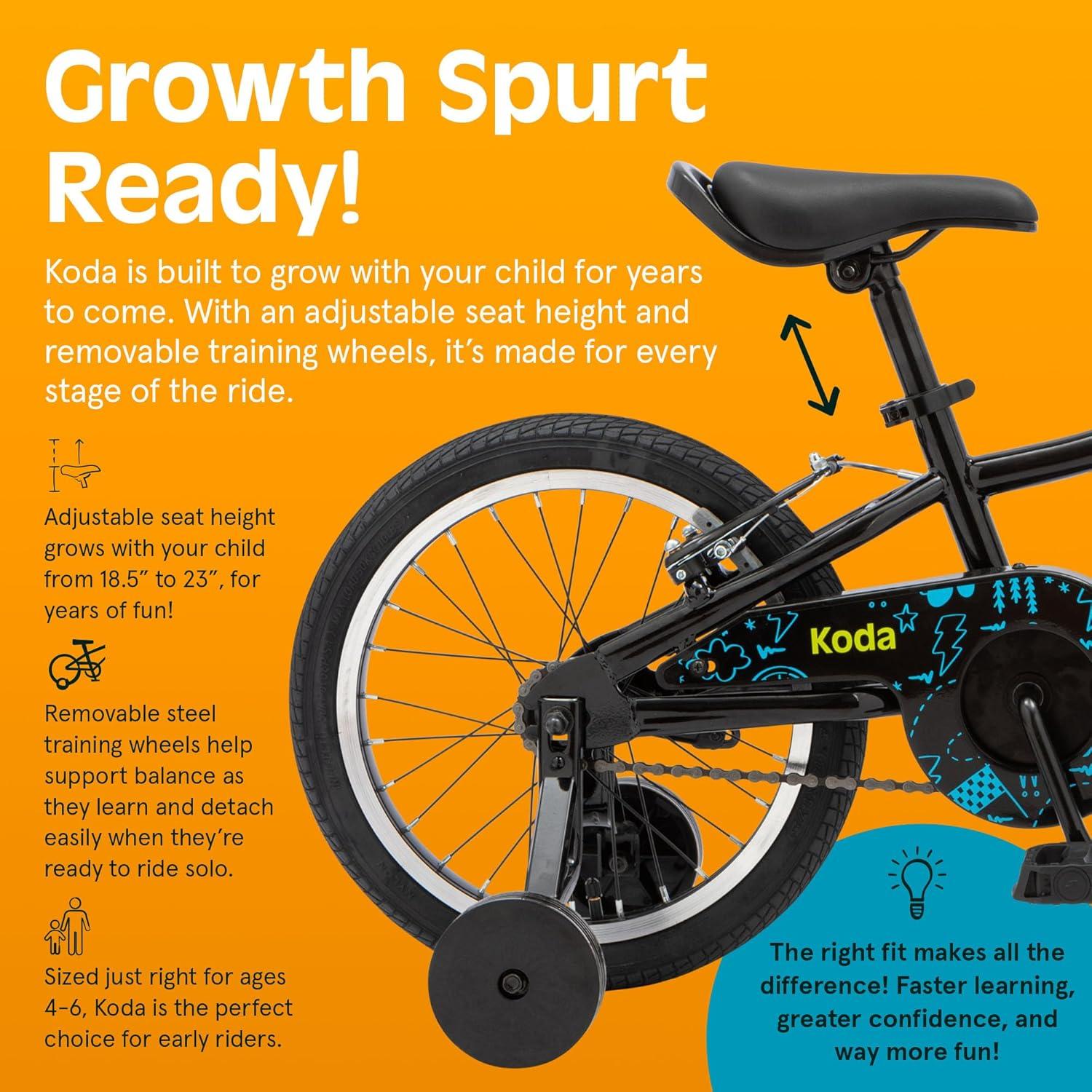 Retrospec Koda Plus Kids Bike for Boys & Girls Ages 4-6 Years – 16″ Children’s Bicycle, Adjustable Seat & Handlebars(Black Neon)