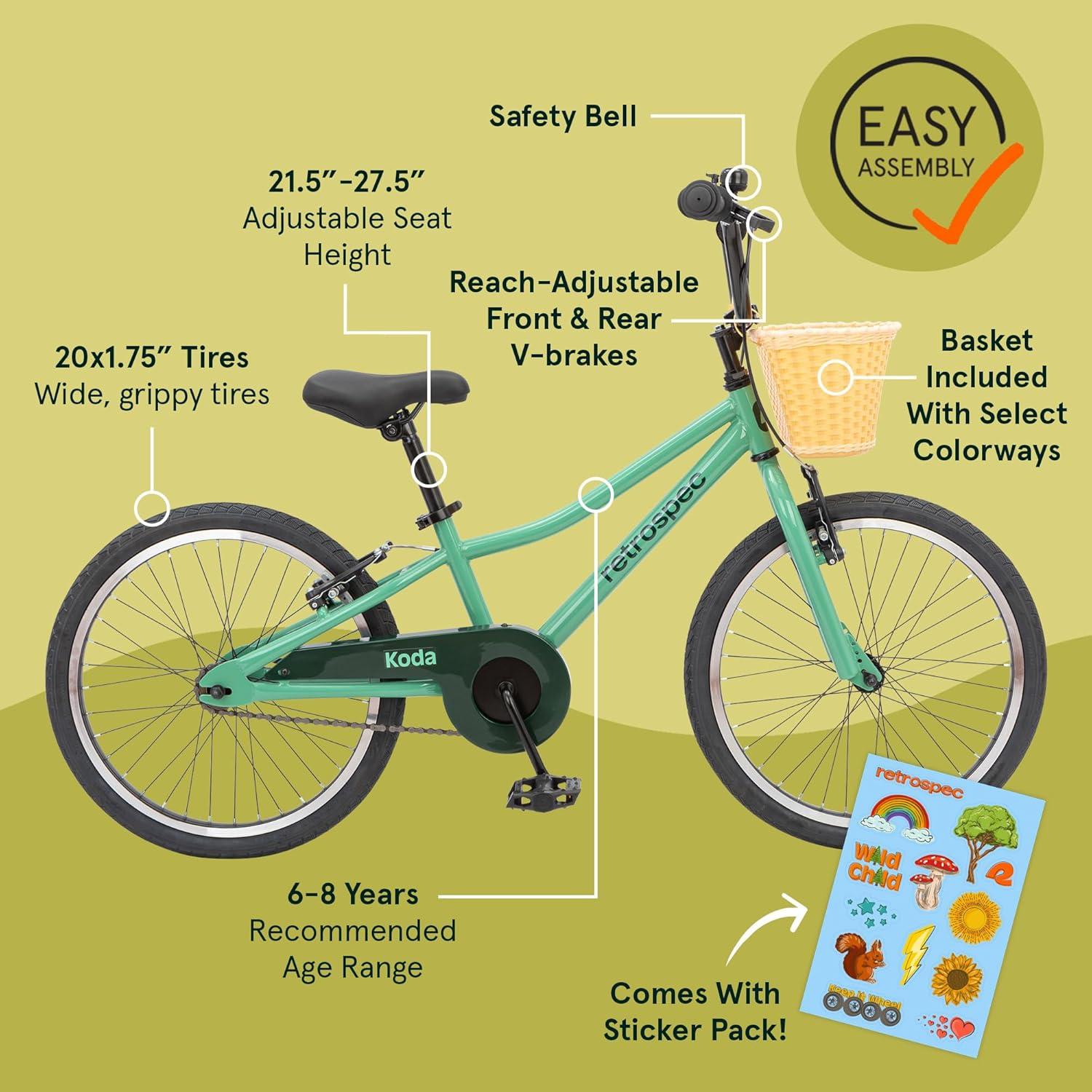 Retrospec Koda Plus Kids Bike for Boys & Girls Ages 6-8 Years – 20″ Children’s Bicycle, Adjustable Seat & Handlebars(Mantis)