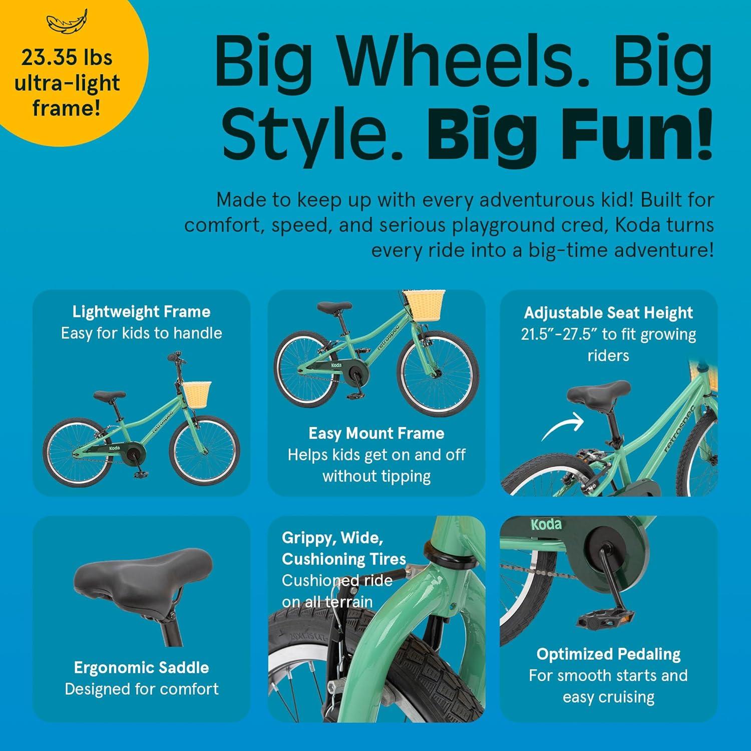 Retrospec Koda Plus Kids Bike for Boys & Girls Ages 6-8 Years – 20″ Children’s Bicycle, Adjustable Seat & Handlebars(Mantis)