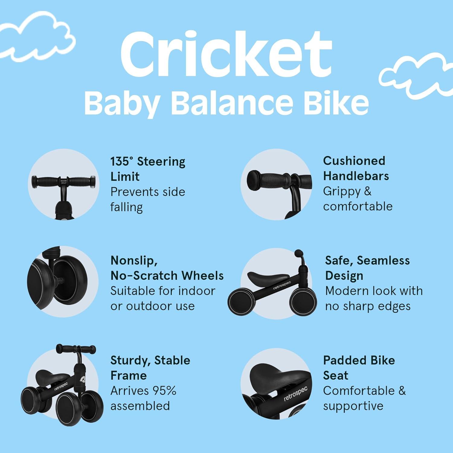 Retrospec Cricket Baby Balance Bike, 4-Wheel Ride-On Toy for Ages 12-24 Months – First Bike & Toddler Bike for 1 Year Old Boys & Girls, First Birthday Gift(Black)