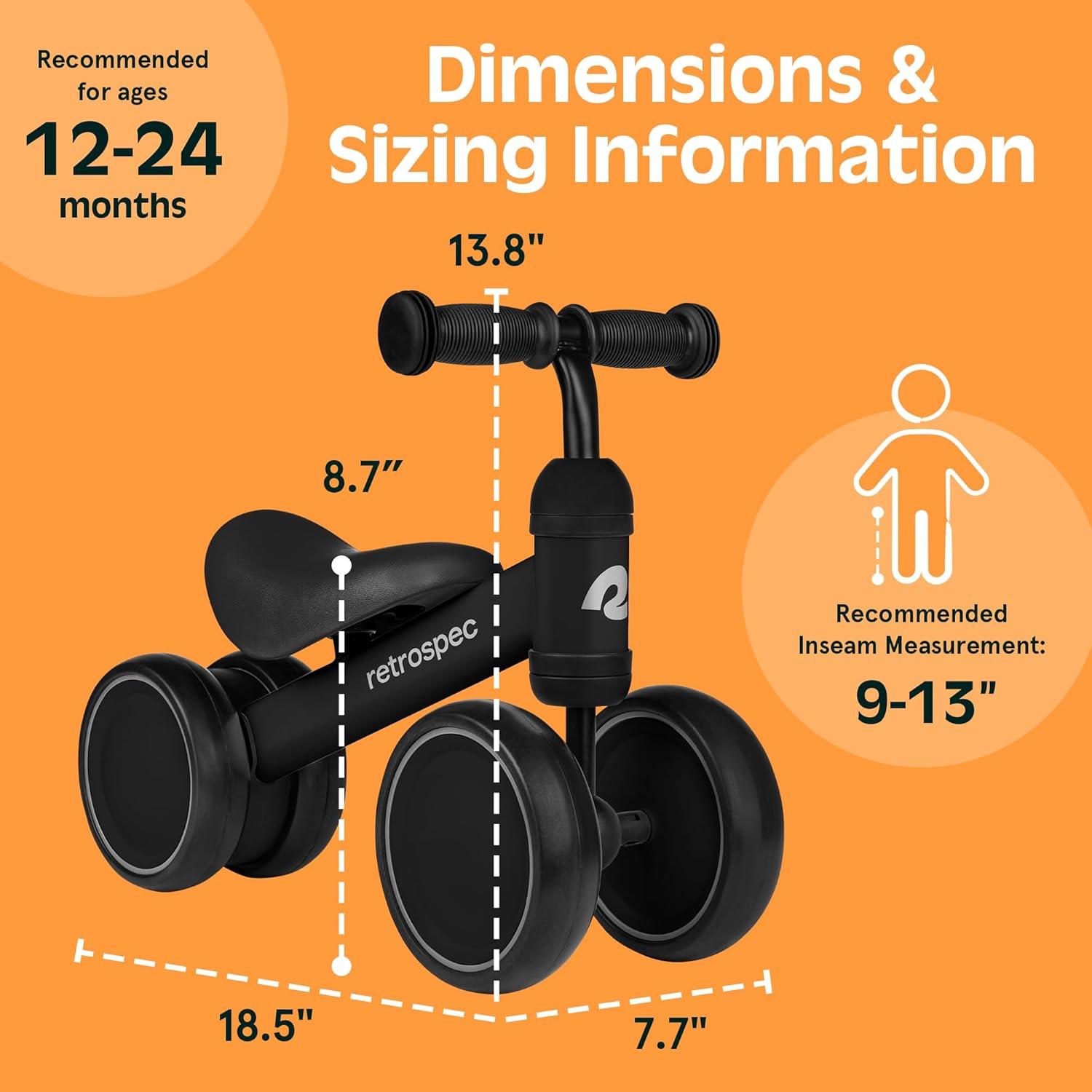Retrospec Cricket Baby Balance Bike, 4-Wheel Ride-On Toy for Ages 12-24 Months – First Bike & Toddler Bike for 1 Year Old Boys & Girls, First Birthday Gift(Black)