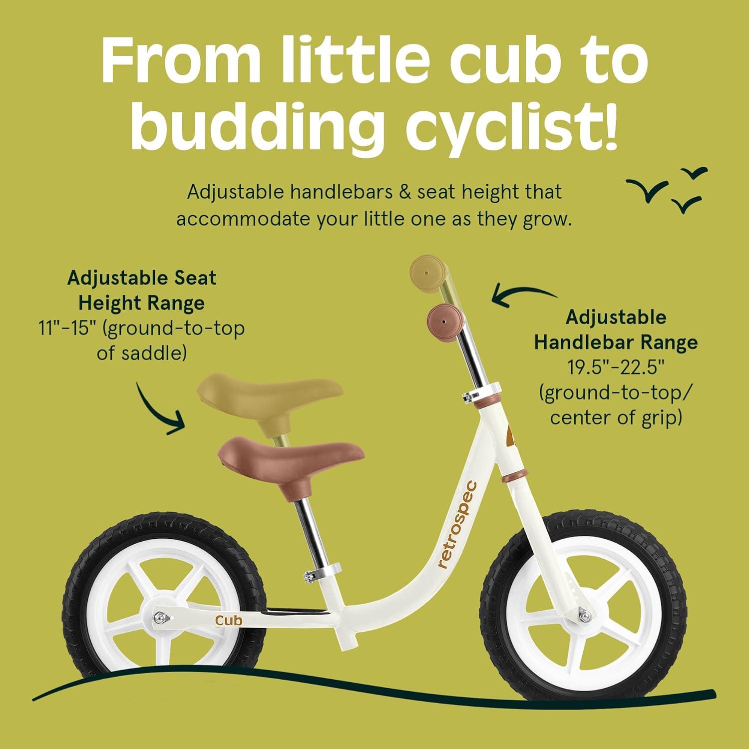 Retrospec Cub Toddler Balance Bike for Ages 18 Months – 3 Years – 12in No-Pedal Beginner Bicycle with Adjustable Seat, Puncture-Proof Tires & Safe Low Frame Design(Eggshell)