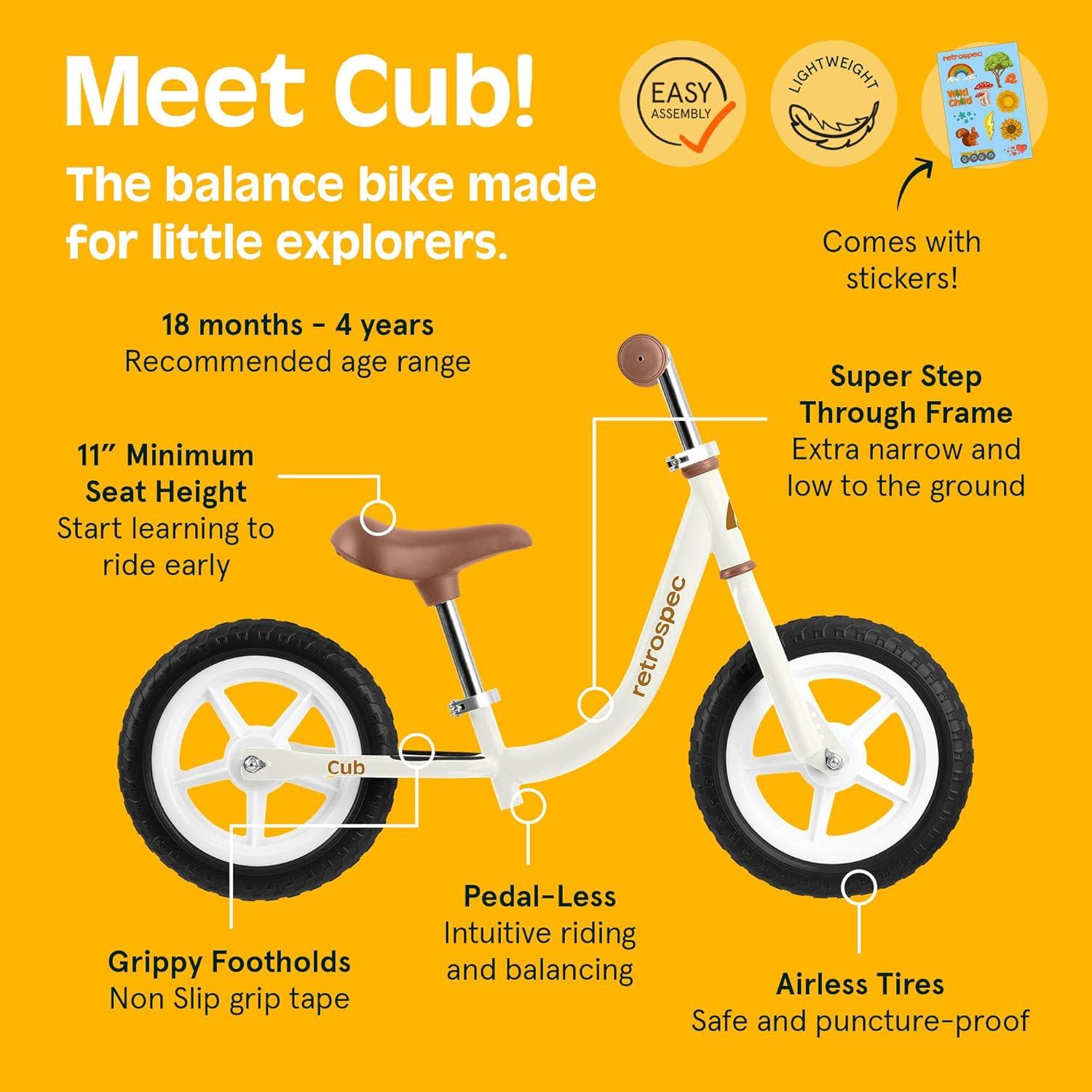 Retrospec Cub Toddler Balance Bike for Ages 18 Months – 3 Years – 12in No-Pedal Beginner Bicycle with Adjustable Seat, Puncture-Proof Tires & Safe Low Frame Design(Eggshell)