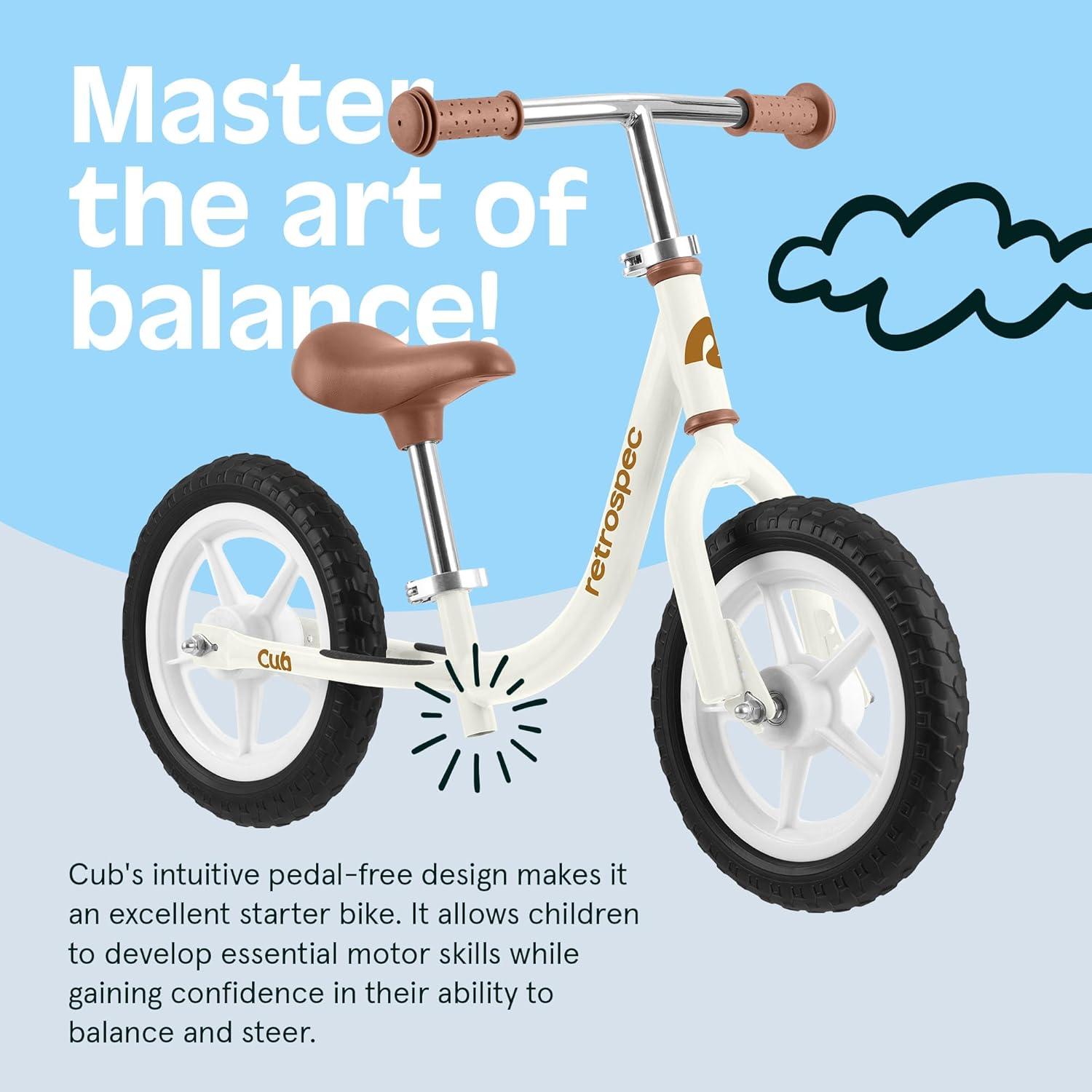 Retrospec Cub Toddler Balance Bike for Ages 18 Months – 3 Years – 12in No-Pedal Beginner Bicycle with Adjustable Seat, Puncture-Proof Tires & Safe Low Frame Design(Eggshell)
