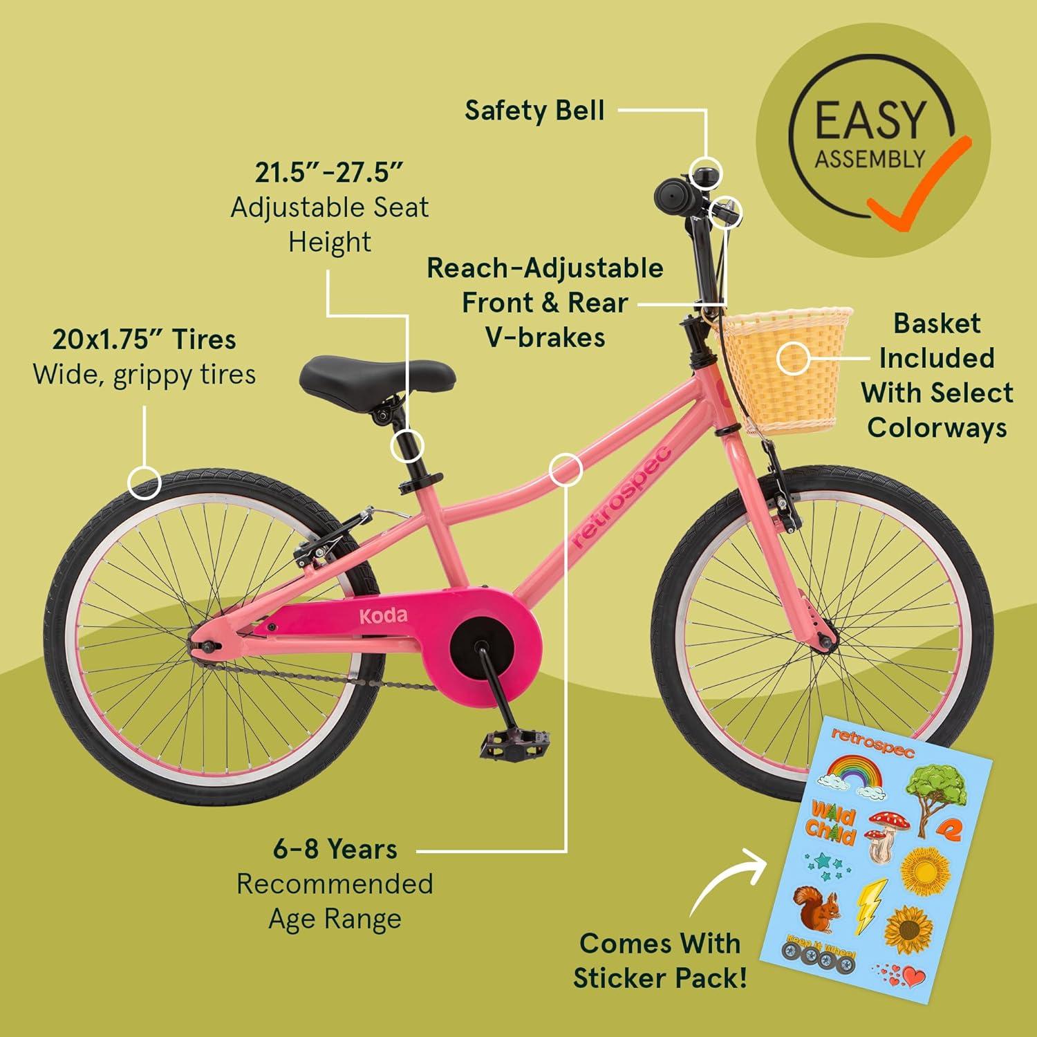 Retrospec Koda Plus Kids Bike for Boys & Girls Ages 6-8 Years – 20″ Children’s Bicycle, Adjustable Seat & Handlebars(Cotton Candy)