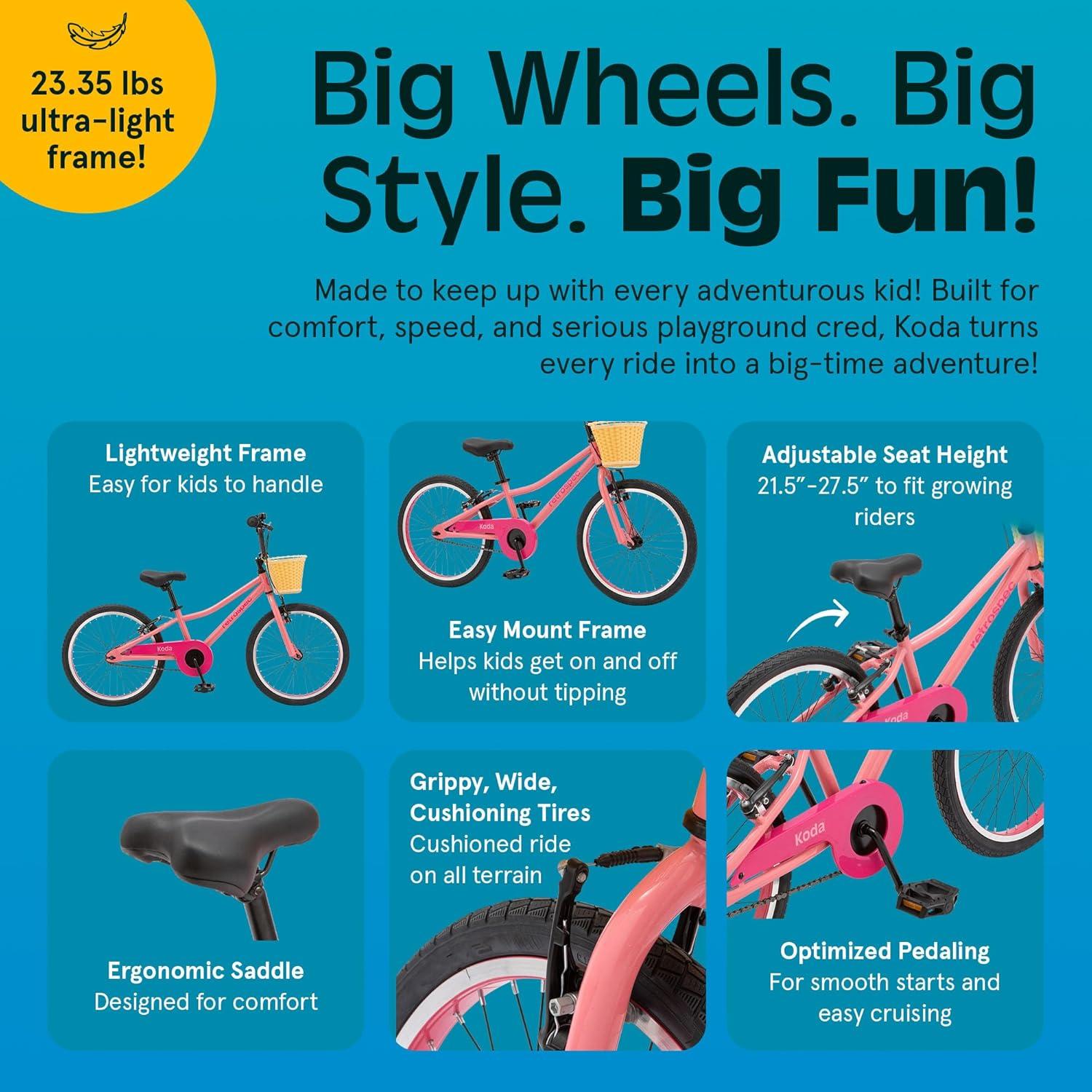 Retrospec Koda Plus Kids Bike for Boys & Girls Ages 6-8 Years – 20″ Children’s Bicycle, Adjustable Seat & Handlebars(Cotton Candy)