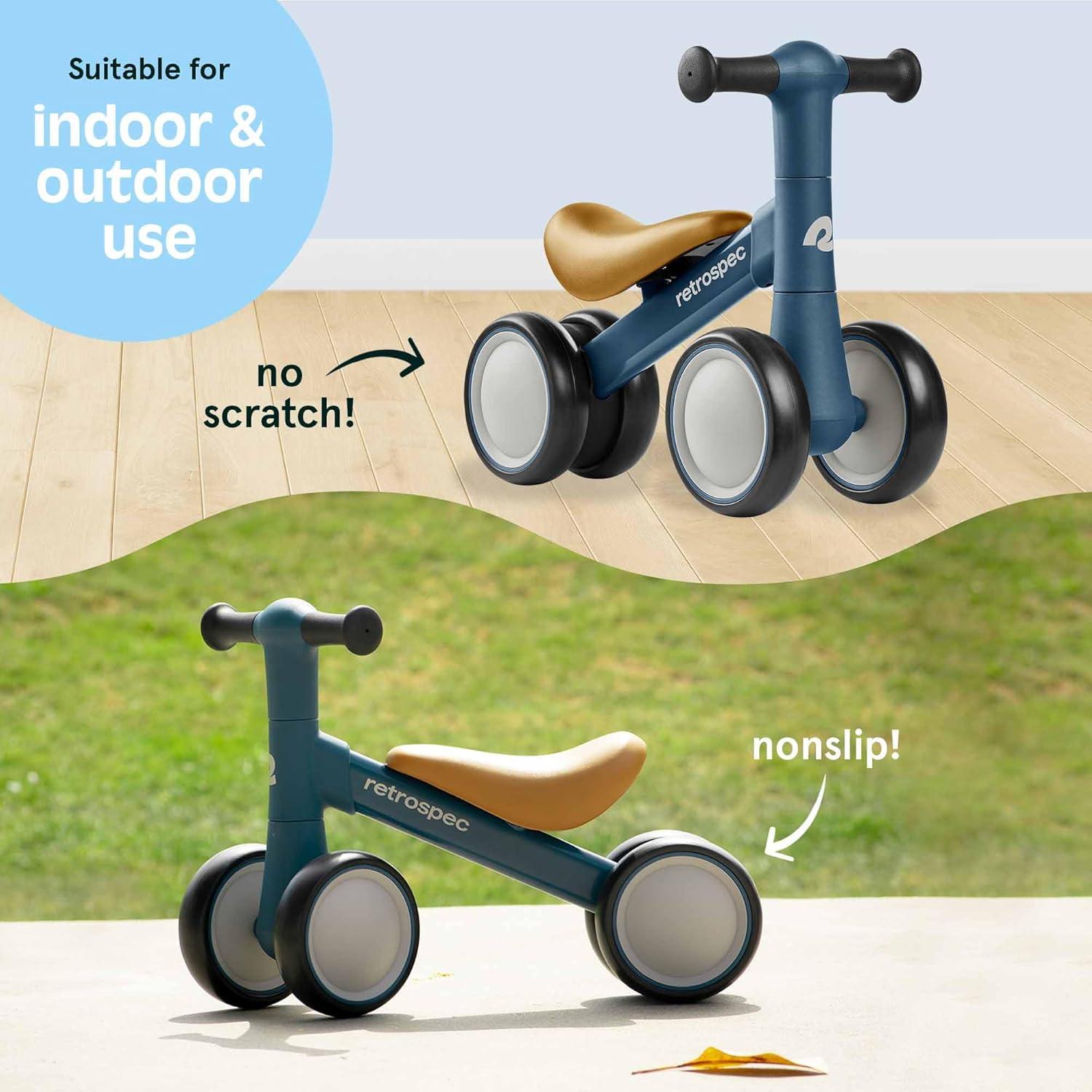 Retrospec Cricket 2 Baby Walker Balance Bike with 4 Wheels – Safe Learning Toy for Ages 12-24 Months – Scratch-Resistant Indoor Outdoor Toddler Riding Toy with Steering Limit & Soft Grips(Navy)