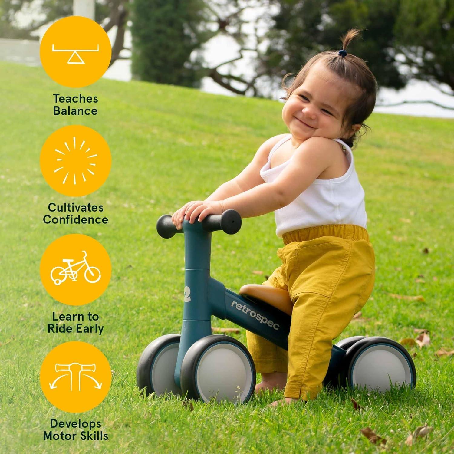 Retrospec Cricket 2 Baby Walker Balance Bike with 4 Wheels – Safe Learning Toy for Ages 12-24 Months – Scratch-Resistant Indoor Outdoor Toddler Riding Toy with Steering Limit & Soft Grips(Navy)