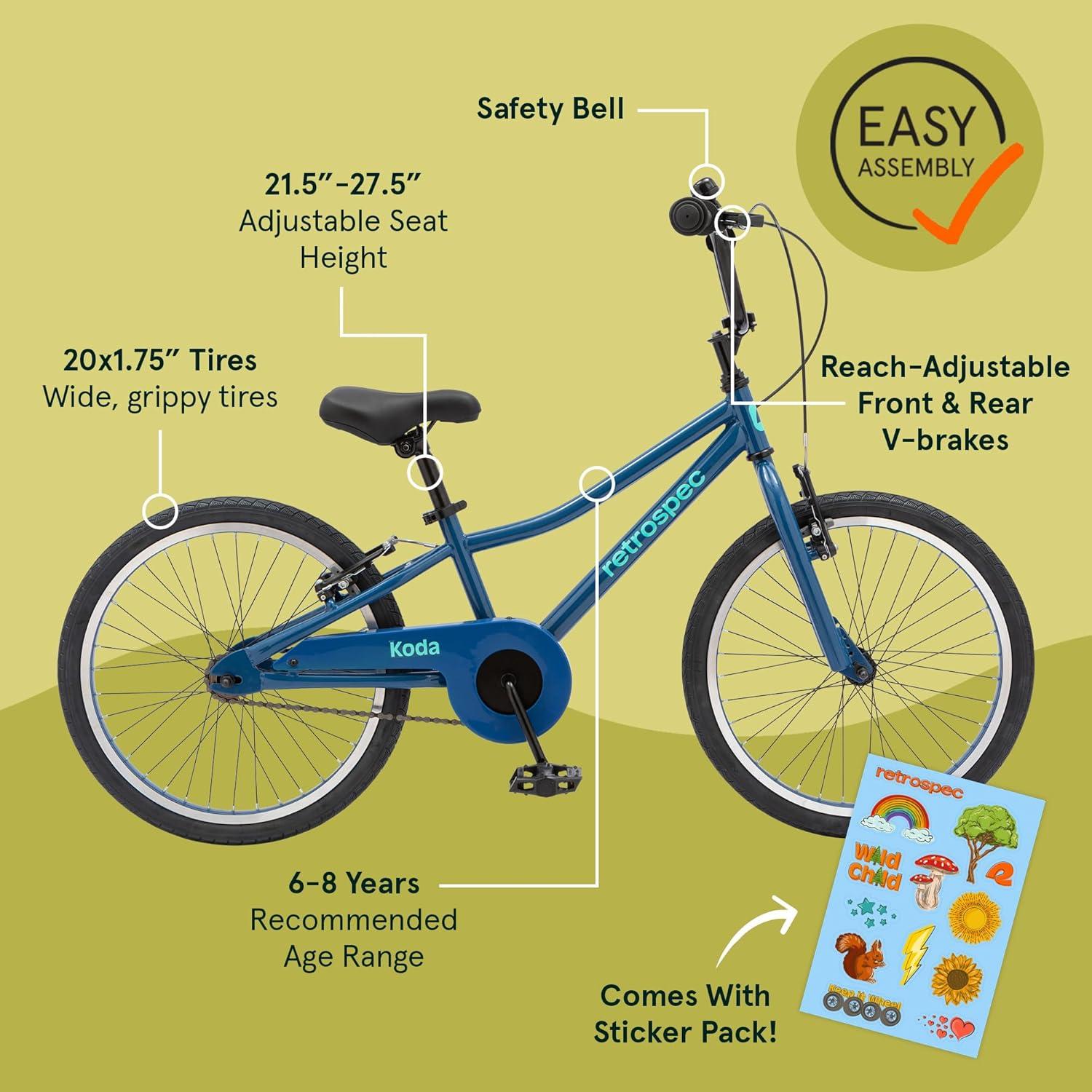 Retrospec Koda Plus Kids Bike for Boys & Girls Ages 6-8 Years – 20″ Children’s Bicycle, Adjustable Seat & Handlebars(Blue Bolt)