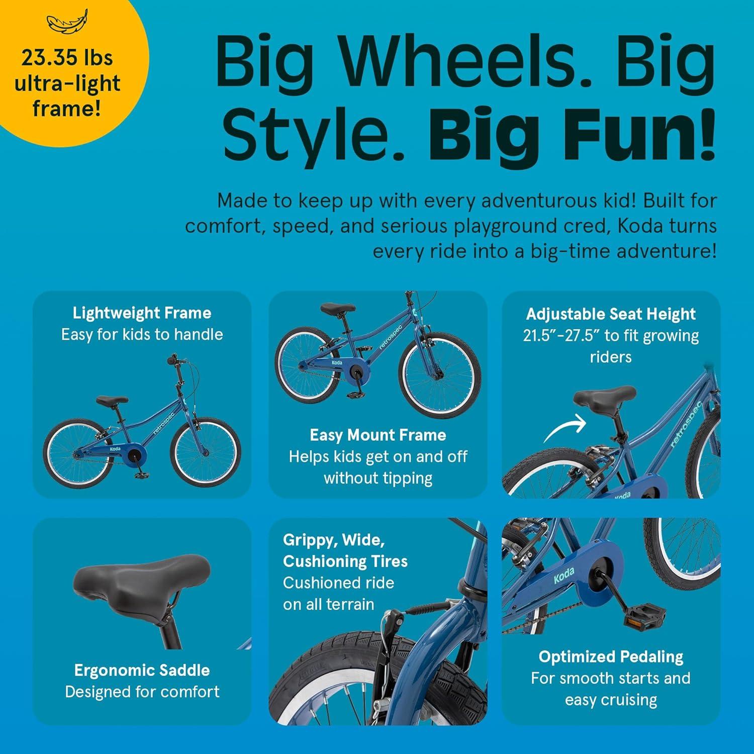 Retrospec Koda Plus Kids Bike for Boys & Girls Ages 6-8 Years – 20″ Children’s Bicycle, Adjustable Seat & Handlebars(Blue Bolt)