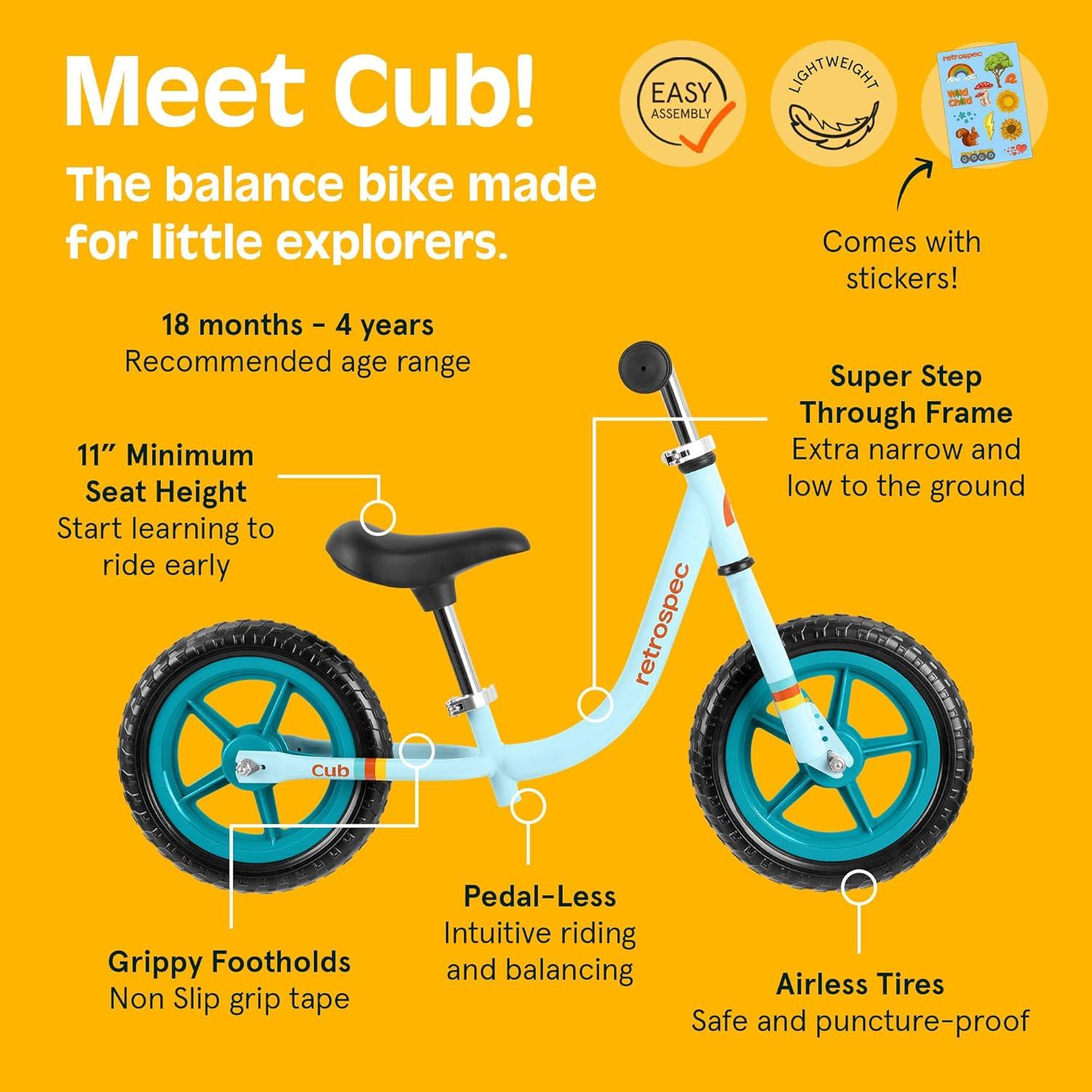 Retrospec Cub Toddler Balance Bike for Ages 18 Months – 3 Years – 12in No-Pedal Beginner Bicycle with Adjustable Seat, Puncture-Proof Tires & Safe Low Frame Design(Powder Blue)