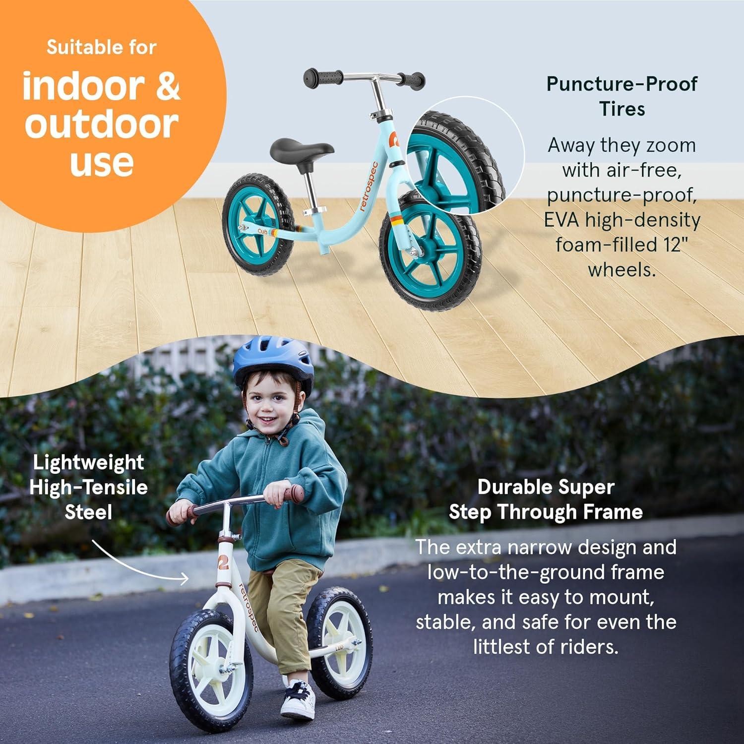Retrospec Cub Toddler Balance Bike for Ages 18 Months – 3 Years – 12in No-Pedal Beginner Bicycle with Adjustable Seat, Puncture-Proof Tires & Safe Low Frame Design(Powder Blue)