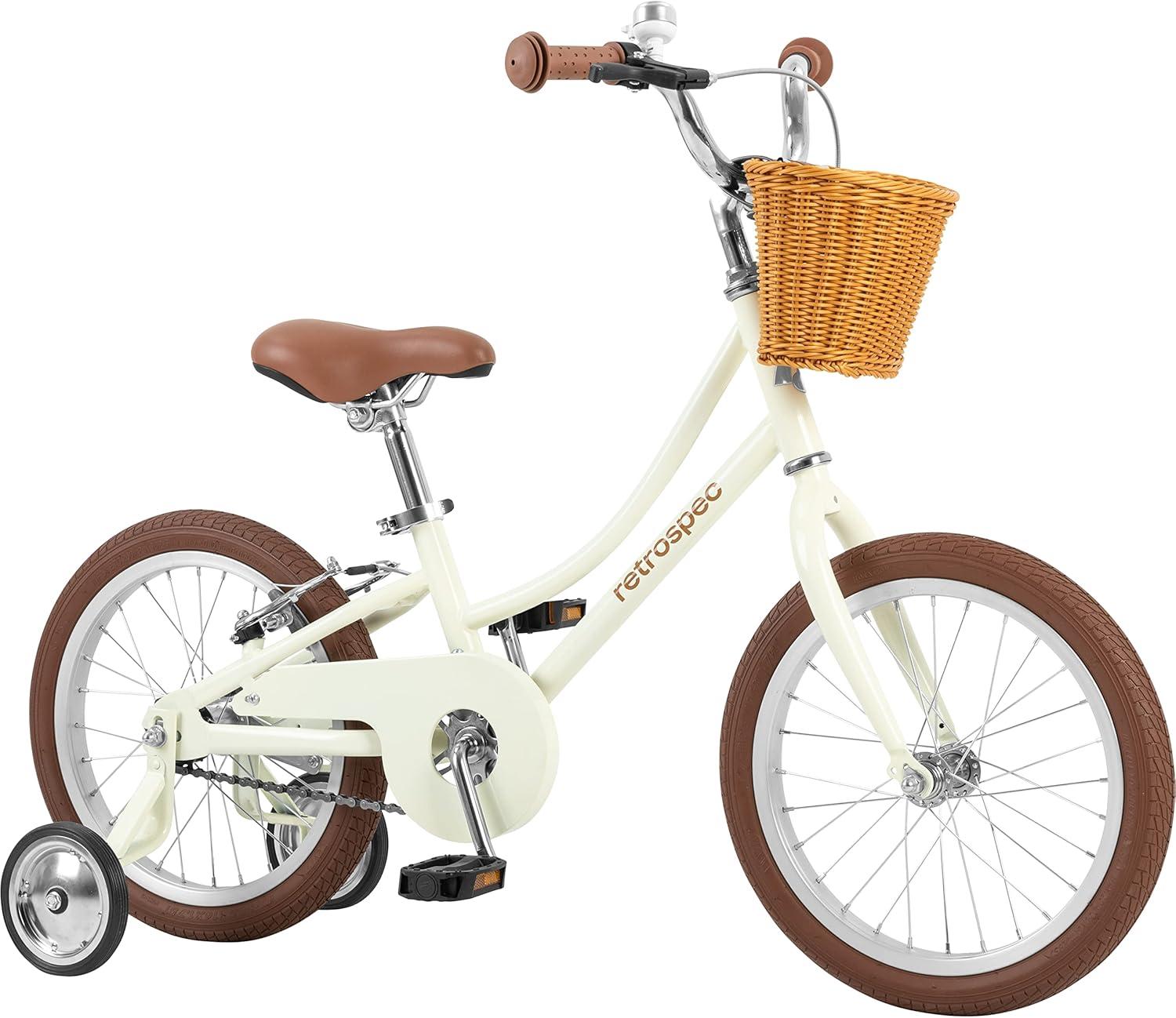 Retrospec Beaumont Mini 16in Kids Bike with Training Wheels & Basket – Beginner Bicycle for 4-6 Year Olds, Low-Profile Frame, V-Brakes & Safety Bell(Eggshell)