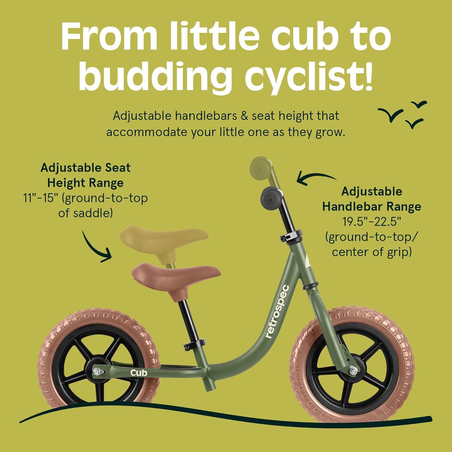 Retrospec Cub Toddler Balance Bike for Ages 18 Months – 3 Years – 12in No-Pedal Beginner Bicycle with Adjustable Seat, Puncture-Proof Tires & Safe Low Frame Design(Olive Drab)