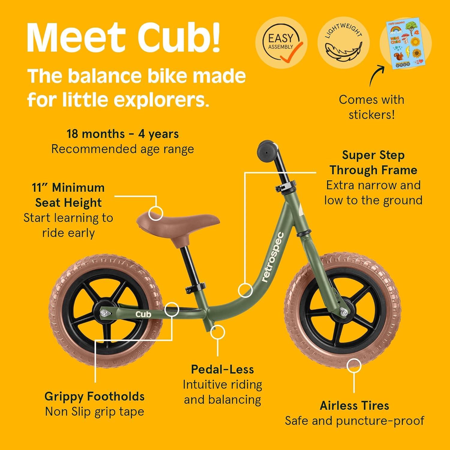 Retrospec Cub Toddler Balance Bike for Ages 18 Months – 3 Years – 12in No-Pedal Beginner Bicycle with Adjustable Seat, Puncture-Proof Tires & Safe Low Frame Design(Olive Drab)