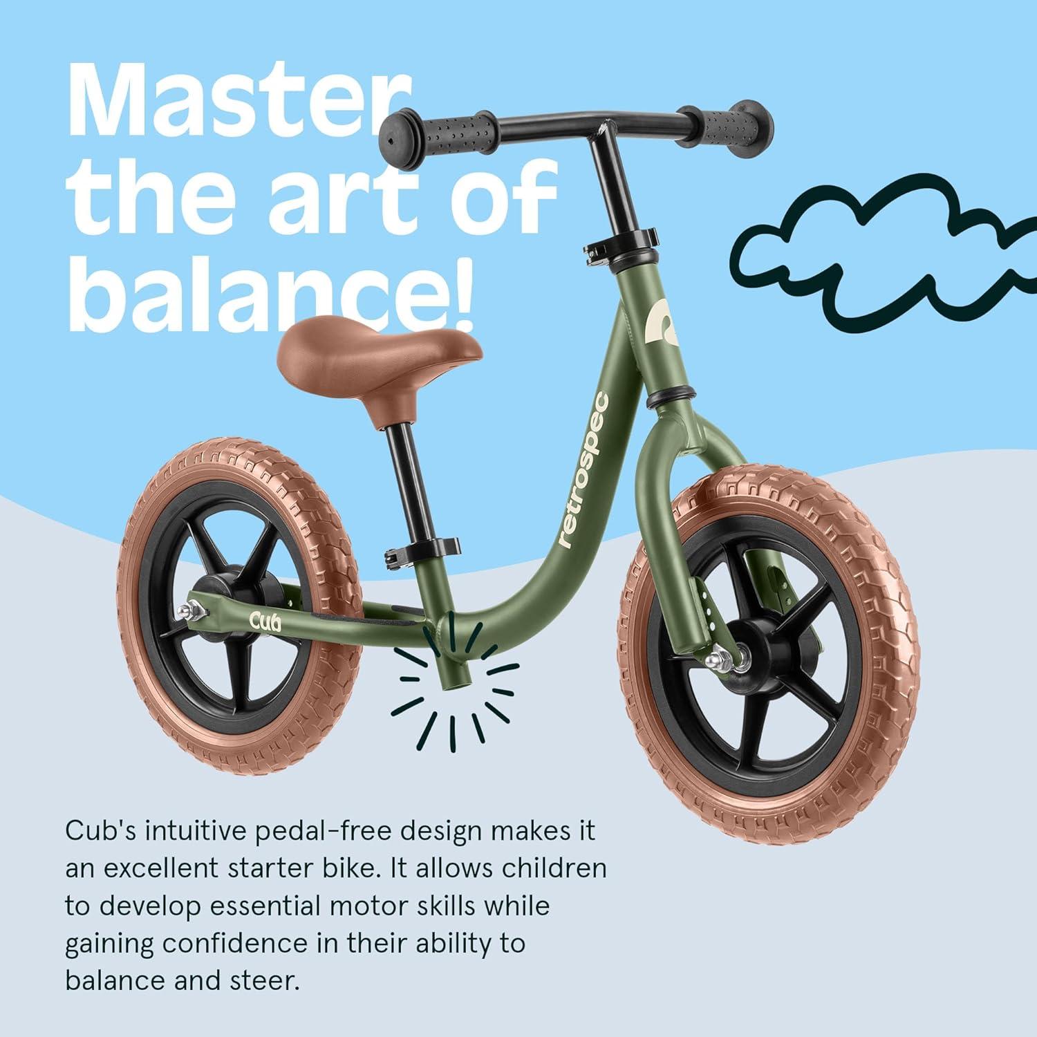 Retrospec Cub Toddler Balance Bike for Ages 18 Months – 3 Years – 12in No-Pedal Beginner Bicycle with Adjustable Seat, Puncture-Proof Tires & Safe Low Frame Design(Olive Drab)