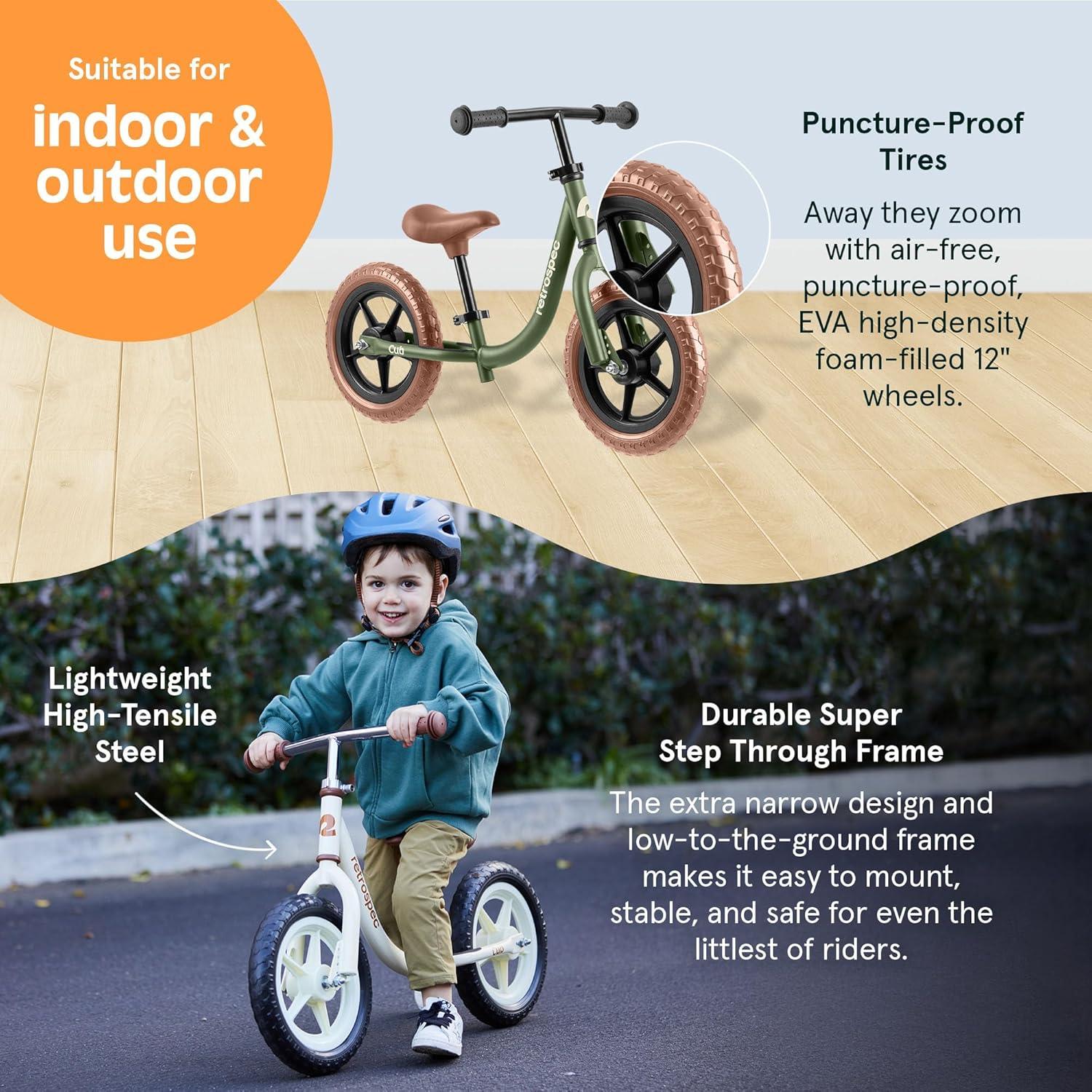 Retrospec Cub Toddler Balance Bike for Ages 18 Months – 3 Years – 12in No-Pedal Beginner Bicycle with Adjustable Seat, Puncture-Proof Tires & Safe Low Frame Design(Olive Drab)