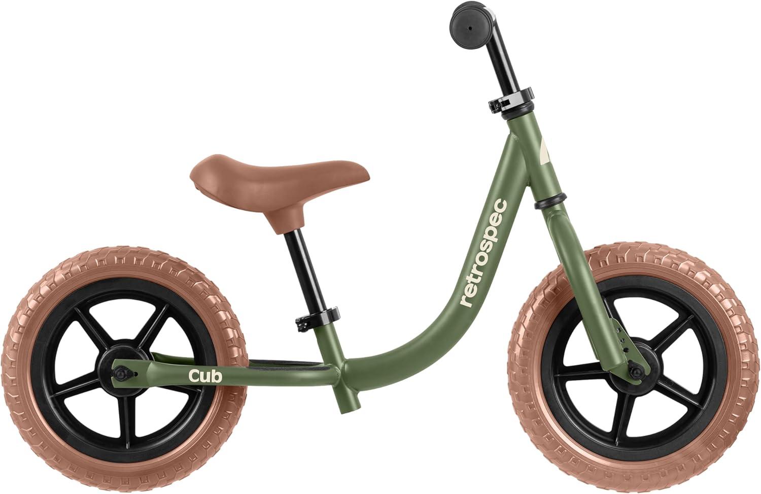 Retrospec Cub Toddler Balance Bike for Ages 18 Months – 3 Years – 12in No-Pedal Beginner Bicycle with Adjustable Seat, Puncture-Proof Tires & Safe Low Frame Design(Olive Drab)