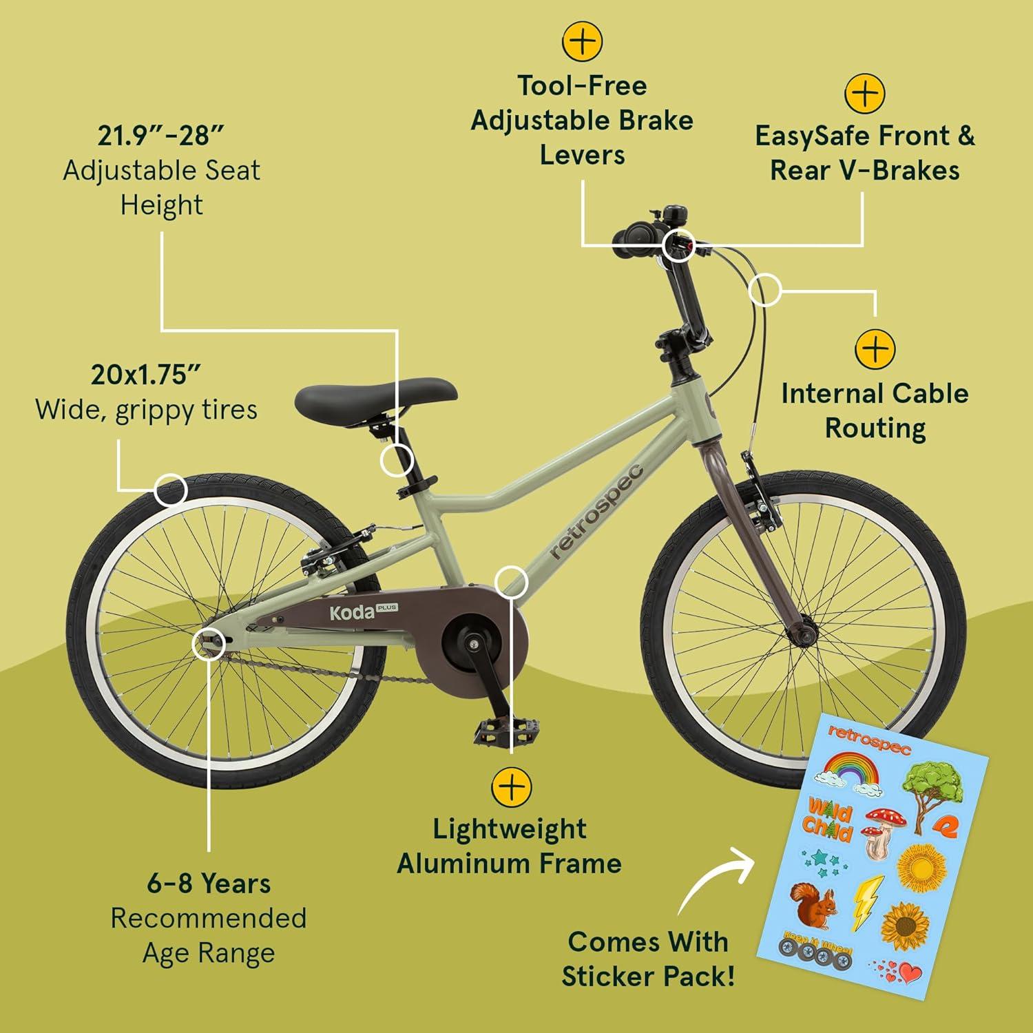 Retrospec Koda Plus Kids Bike for Boys & Girls Ages 6-8 Years – 20″ Children’s Bicycle, Adjustable Seat & Handlebars(Iguana)