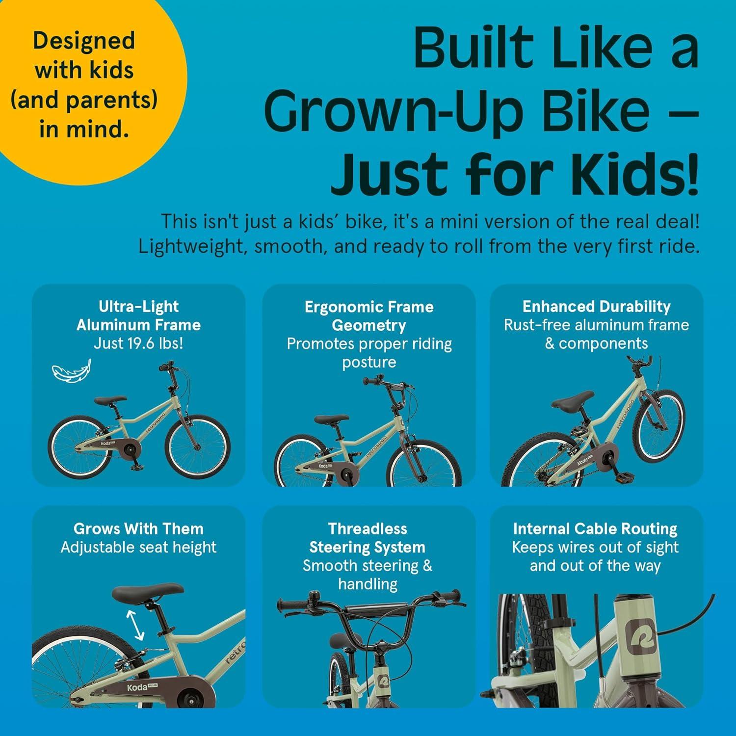 Retrospec Koda Plus Kids Bike for Boys & Girls Ages 6-8 Years – 20″ Children’s Bicycle, Adjustable Seat & Handlebars(Iguana)