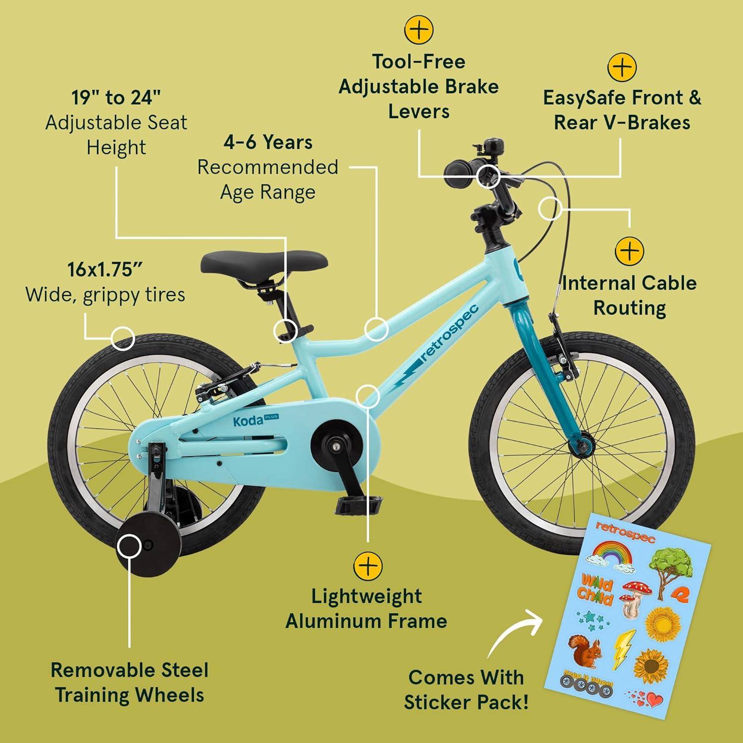 Retrospec Koda Plus Kids Bike for Boys & Girls Ages 4-6 Years – 16″ Children’s Bicycle, Adjustable Seat & Handlebars(Robins Egg)