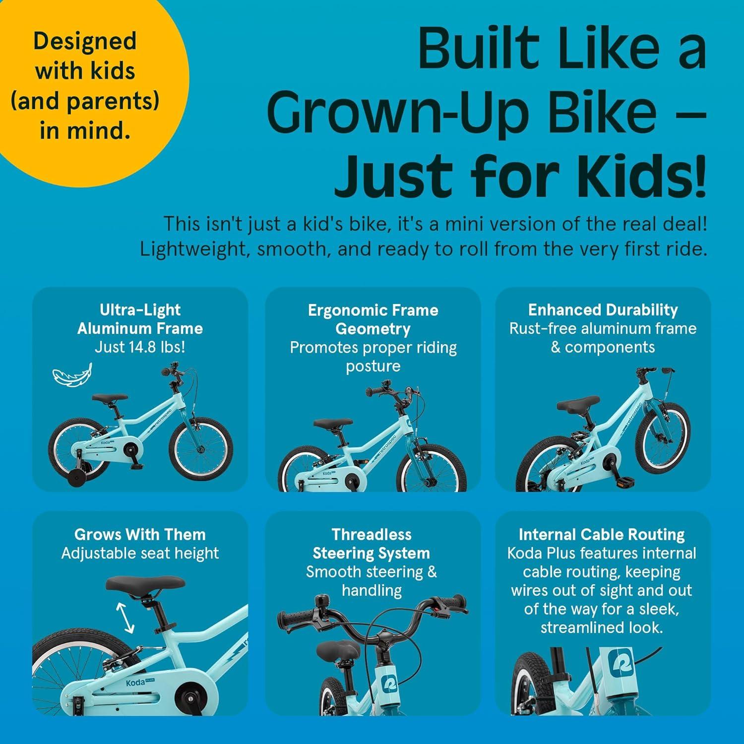 Retrospec Koda Plus Kids Bike for Boys & Girls Ages 4-6 Years – 16″ Children’s Bicycle, Adjustable Seat & Handlebars(Robins Egg)
