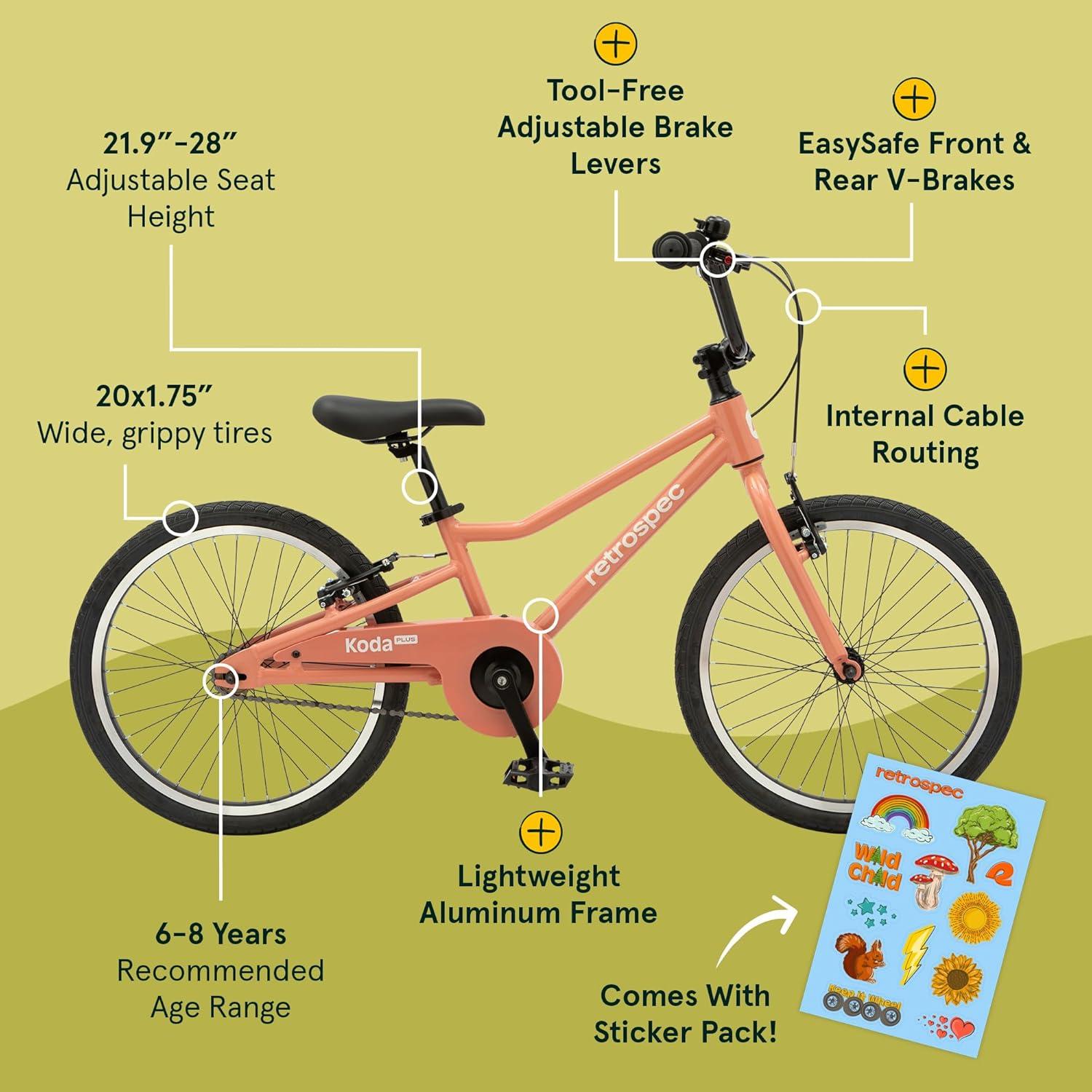 Retrospec Koda Plus Kids Bike for Boys & Girls Ages 6-8 Years – 20″ Children’s Bicycle, Adjustable Seat & Handlebars(Rose)